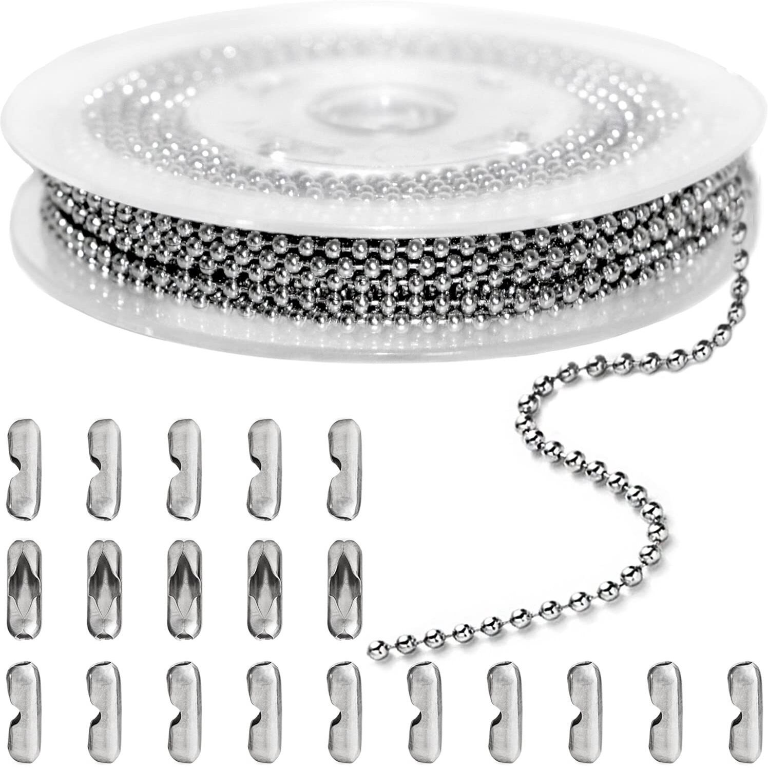 Jishi 33Ft Ball Chain 2.4Mm Silver Stainless Steel Bead Link Chain Roll For Beaded Dog Tag Necklace, Mens Military Jewelry Making Supplies, Pull Chain Diy Bracelets Keychain Craft - W/203 Connectors