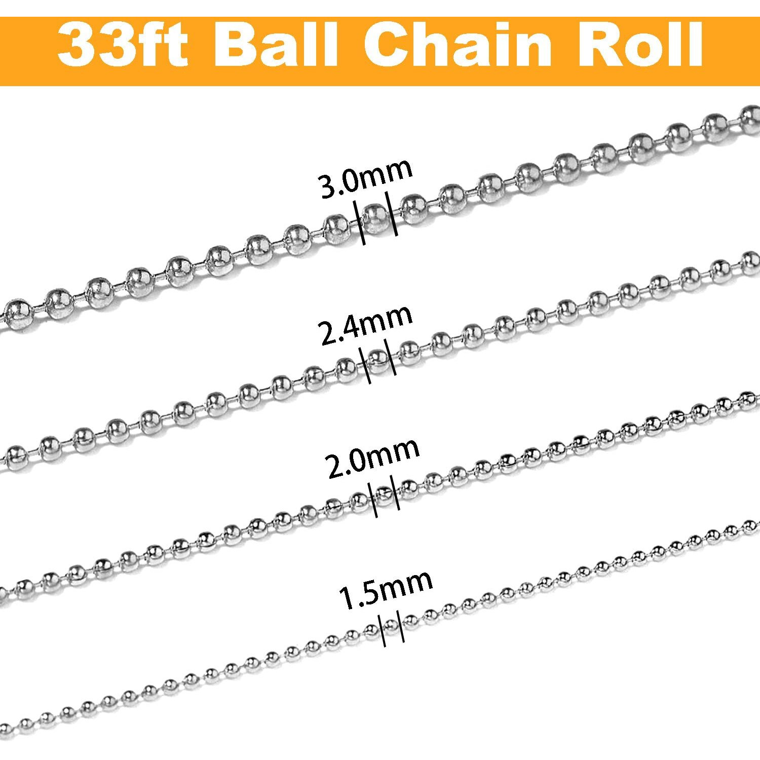 Jishi 33Ft Ball Chain 2.4Mm Silver Stainless Steel Bead Link Chain Roll For Beaded Dog Tag Necklace, Mens Military Jewelry Making Supplies, Pull Chain Diy Bracelets Keychain Craft - W/203 Connectors