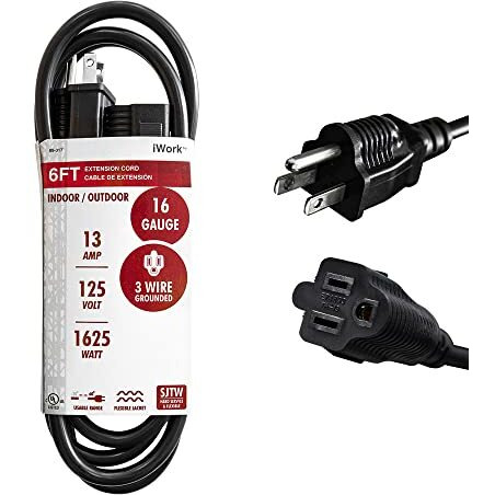 Iwork 6 Ft Black Extension Cord 3 Prong, Weather-Resistant 16/3 Sjtw, 1625 Watt, 13 Amp Rating With Ul Listed For Indoor And Outdoor Uses