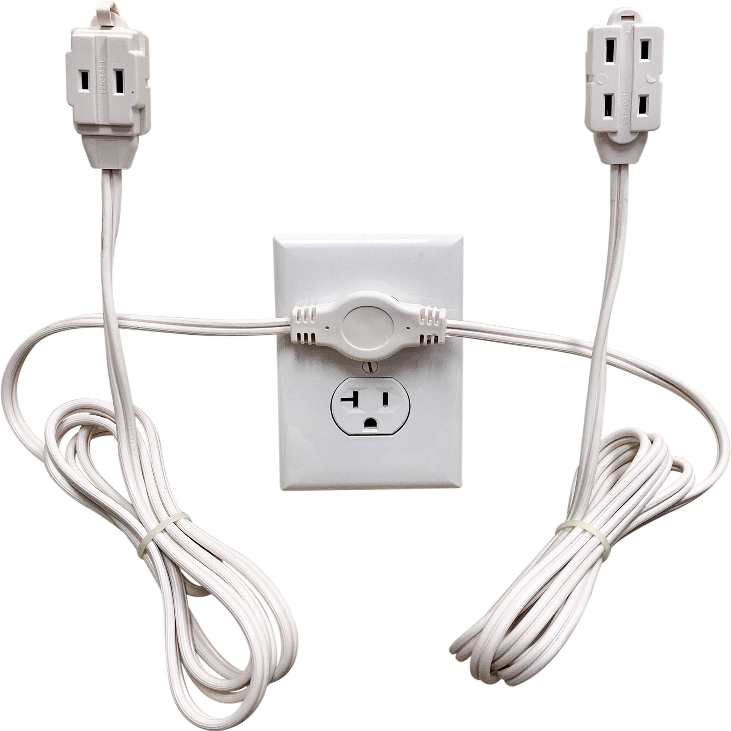 Twin Extension Cord Power Strip - 12 Foot Cord - 6 Feet On Each Side - Flat Head (Wall Hugger) Outlet Plug - 6 Polarized Outlets With Safety Cover