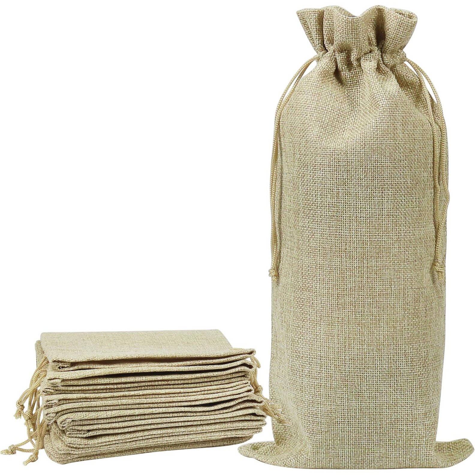 Shintop 10Pcs Jute Wine Bags, 14 X 6 1/4 Inches Hessian Wine Bottle Gift Bags With Drawstring (Brown)