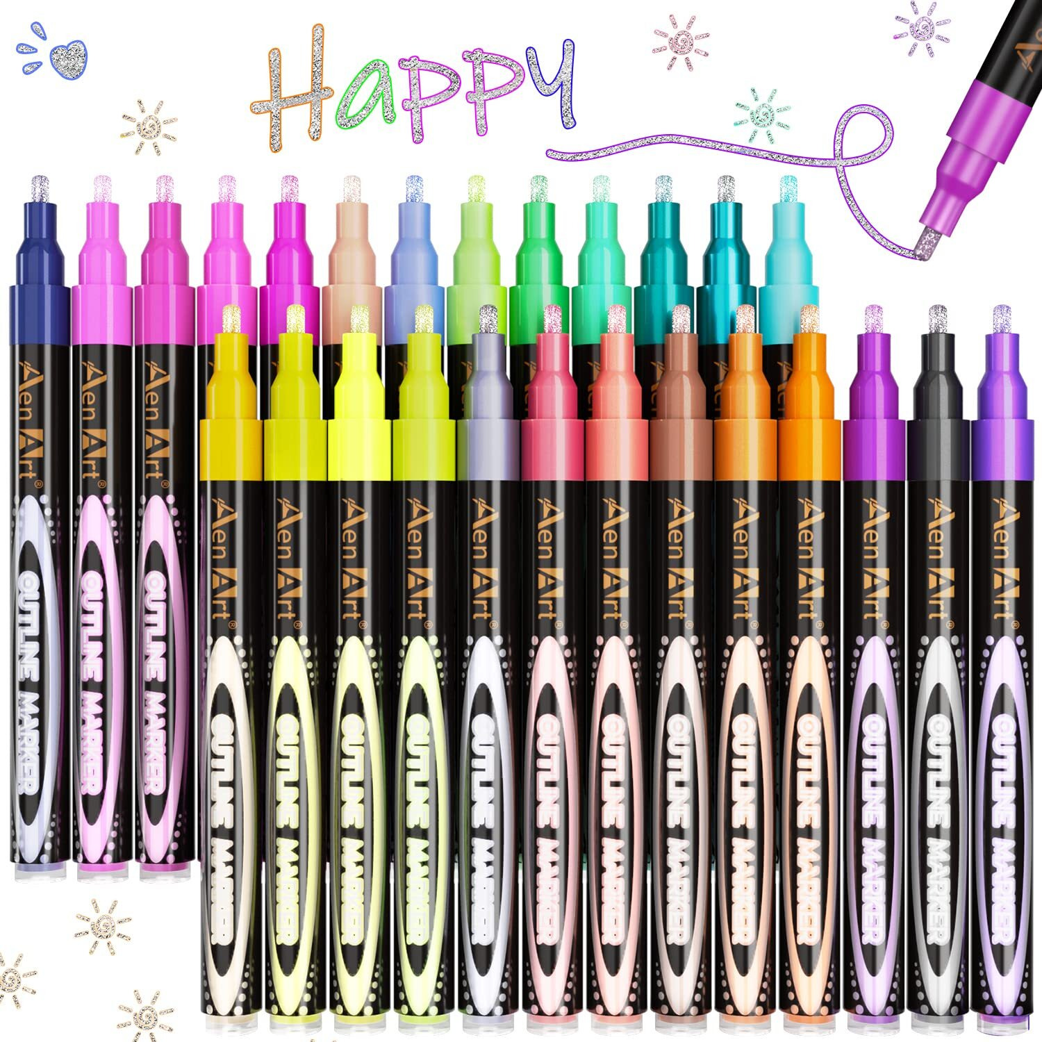 Aen Art Double Line Outline Pens, 26 Colors Shimmer Outline Marker For Pumpkin Painting, Self-Outline Metallic Markers. Perfect For Doodling, Drawing And Calligraphy