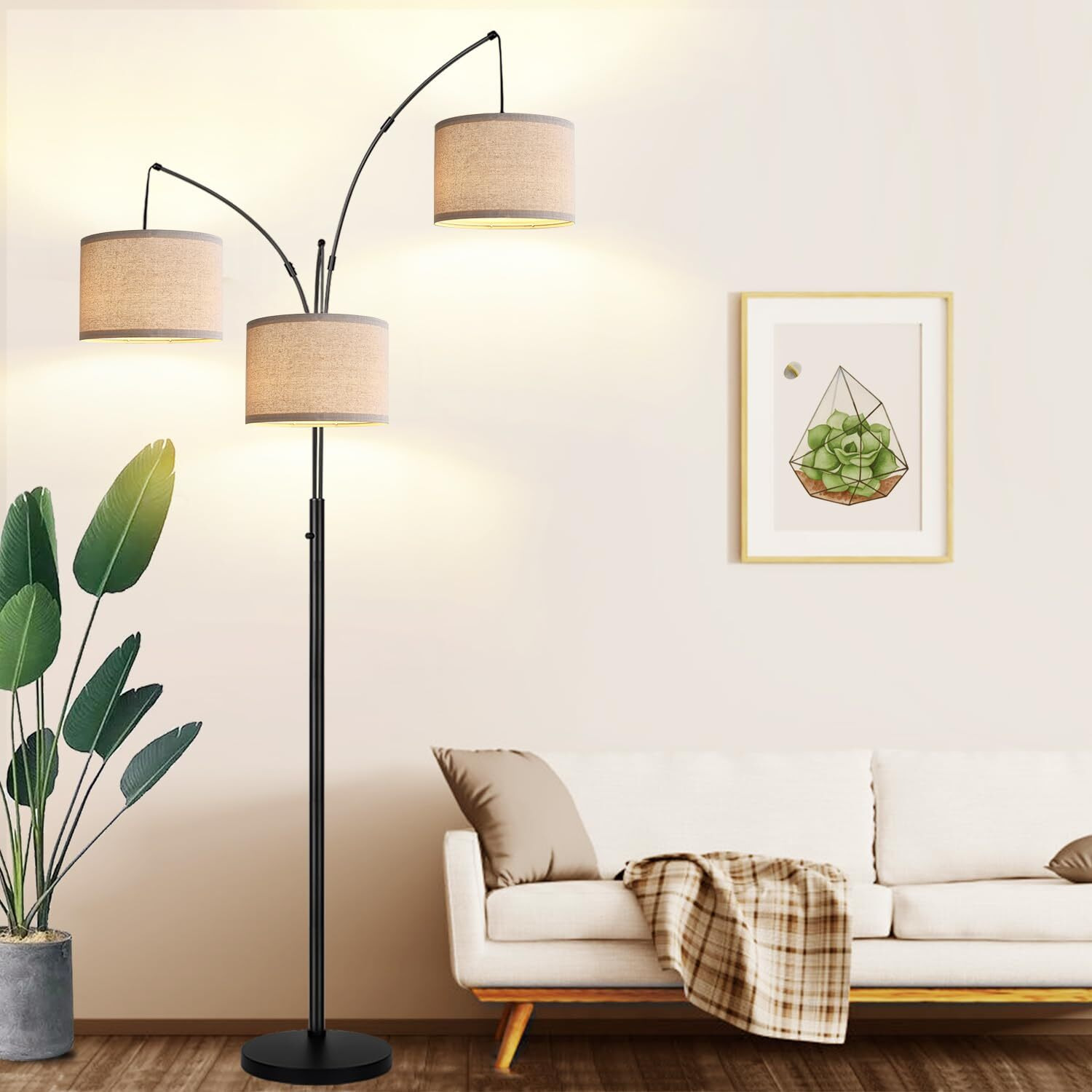 Dimmable Floor Lamp - 3 Lights Arc Floor Lamps For Living Room, 1000Lm Modern Tall Standing Lamp With Beige Shades & Heavy Base, Mid Century Tree Floor Lamp For Bedroom Office, 3 Led Bulbs Included