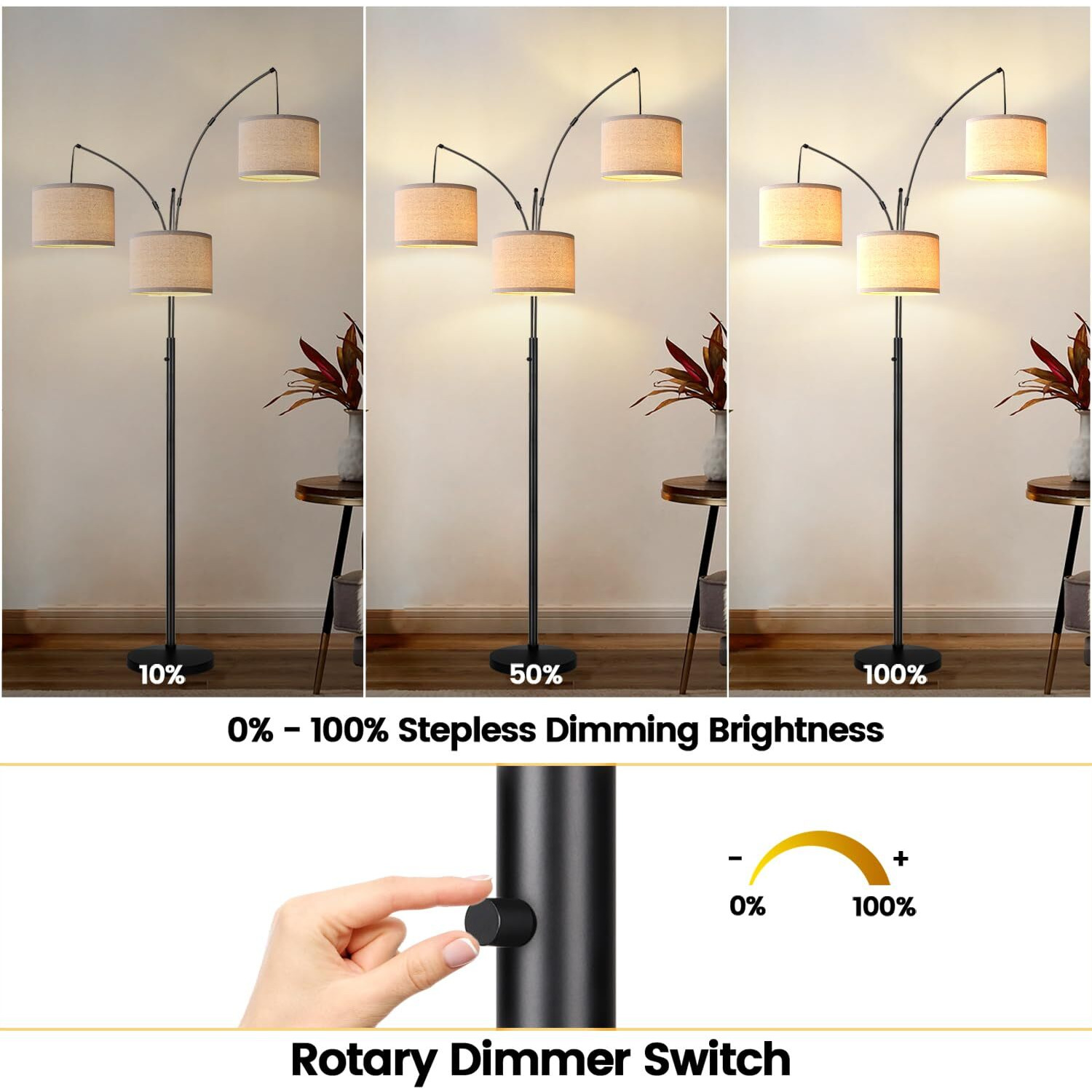 Dimmable Floor Lamp - 3 Lights Arc Floor Lamps For Living Room, 1000Lm Modern Tall Standing Lamp With Beige Shades & Heavy Base, Mid Century Tree Floor Lamp For Bedroom Office, 3 Led Bulbs Included