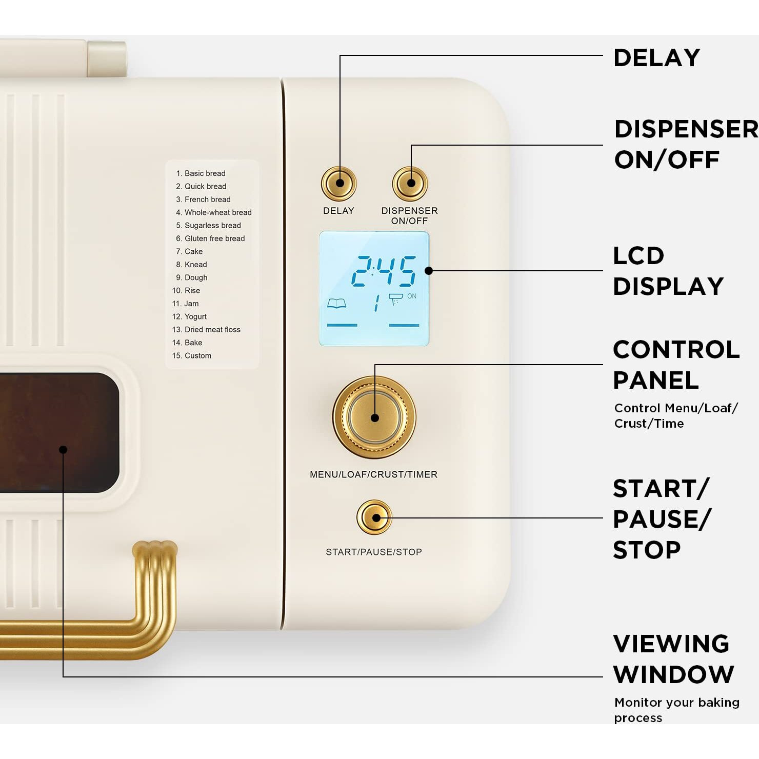 Neretva Bread Maker Machine, 15-In-1 2Lb Automatic Breadmaker With Gluten Free Sourdough Setting, Auto Nut Dispenser, Digital, 1 Hour Keep Warm, 2 Loaf Sizes, 3 Crust Colors - Receipe Booked Included