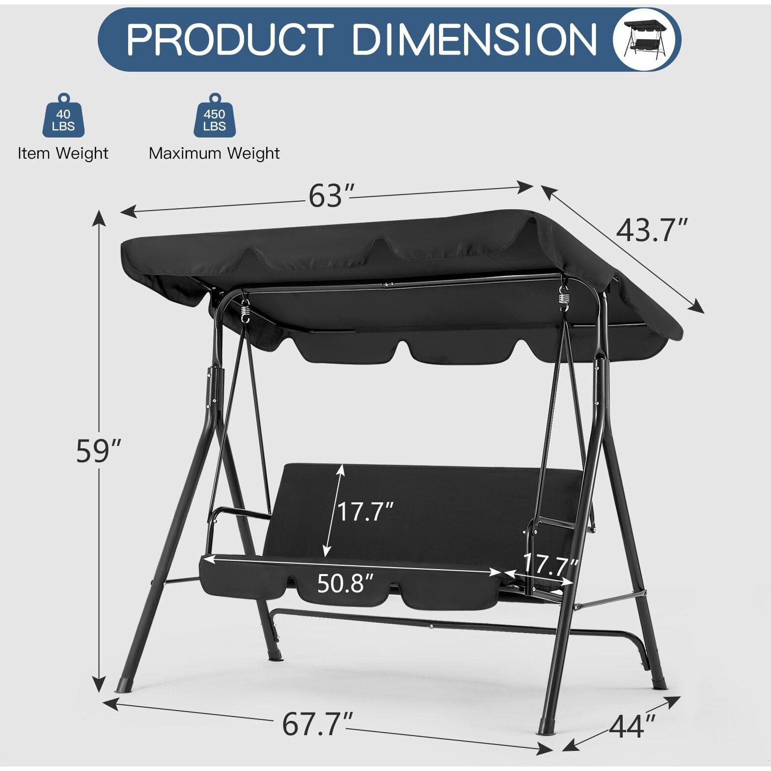 Esright Patio Swings Outdoor, 3-Seat Glider Patio Swings With Removable Cushion And Adjustable Canopy, Porch Bench For Garden, Poolside&Backyard, Black
