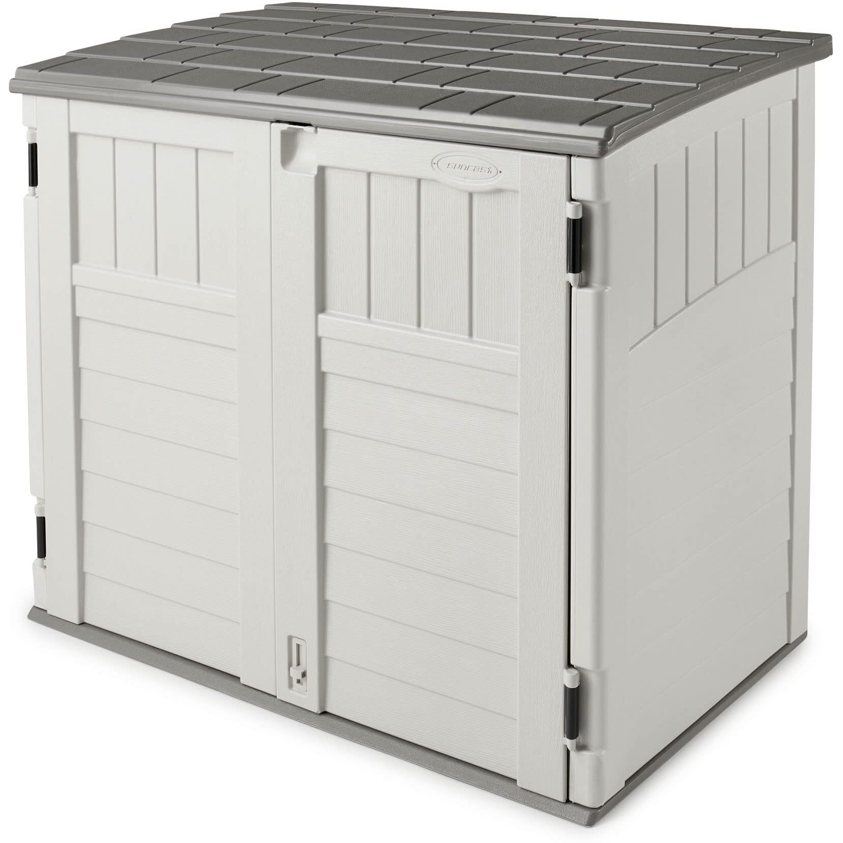 Suncast Horizontal 34 Cubic Feet Plastic Outdoor Storage Shed With Floor And 3 Door Locking System For Backyard, Garage, Or Patio Use, Ivory