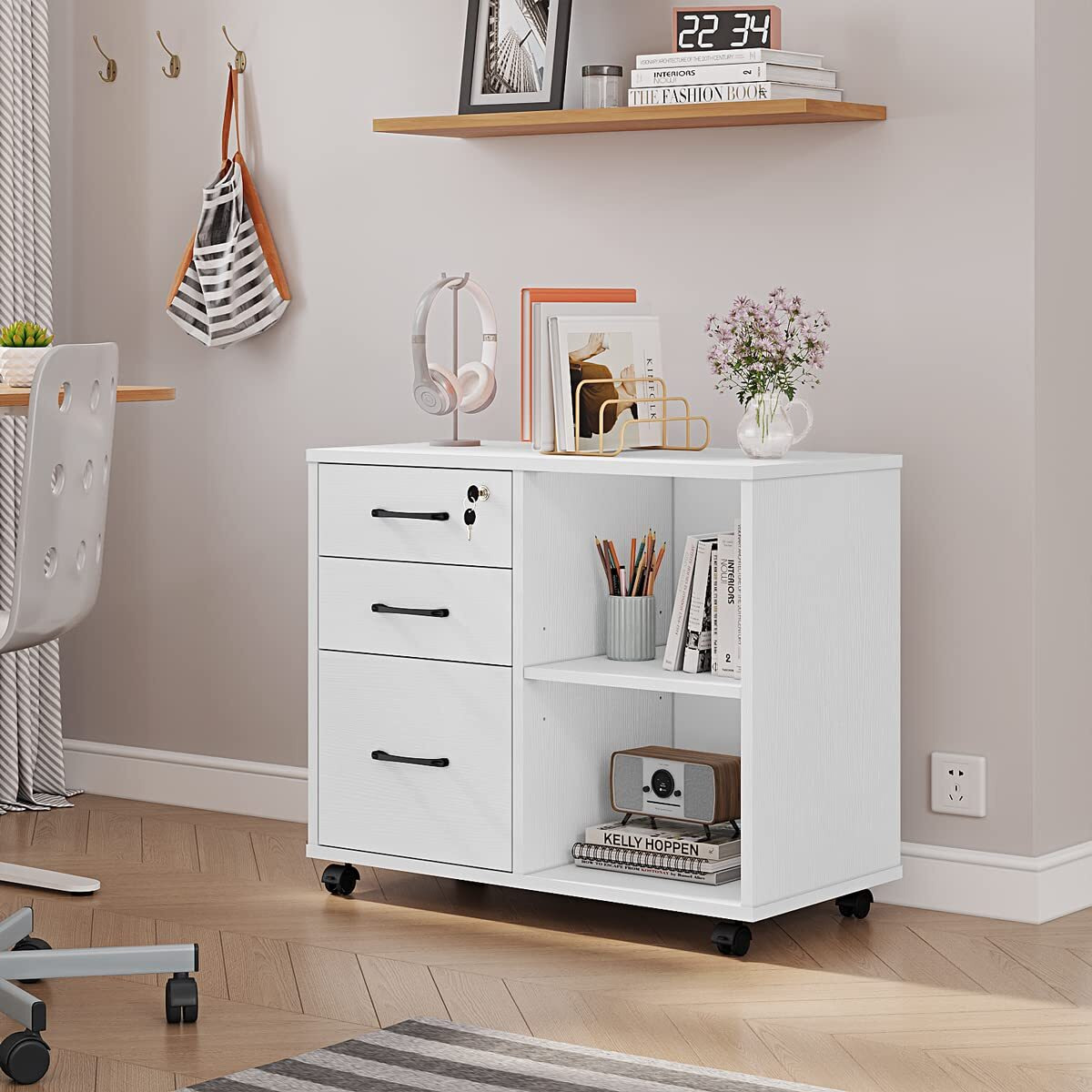 3 Drawer File Cabinets, Mobile Lateral Printer Stand With Open Shelf, Rolling Filing Cabinet With Wheels Home Office Organization And Storage (White)