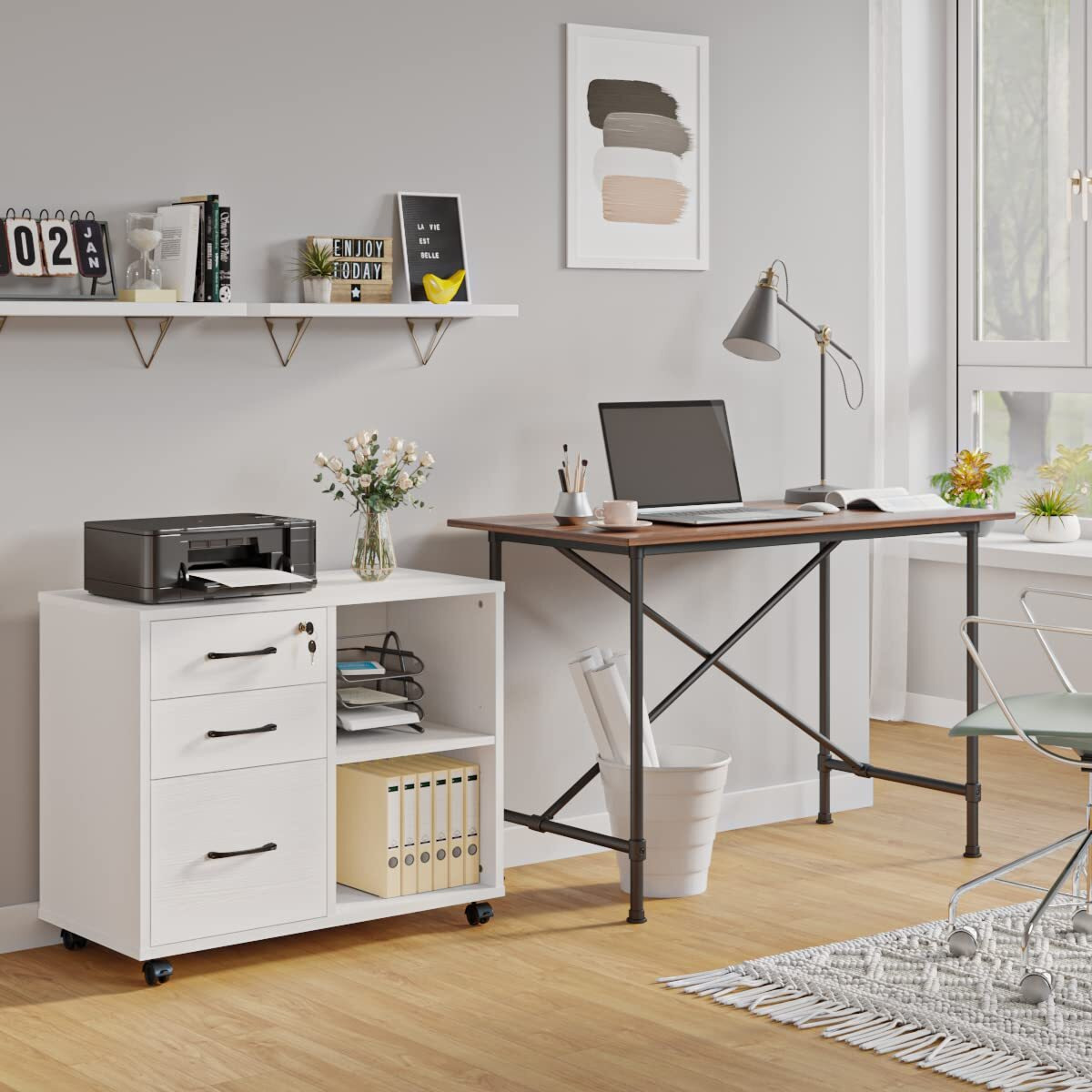 3 Drawer File Cabinets, Mobile Lateral Printer Stand With Open Shelf, Rolling Filing Cabinet With Wheels Home Office Organization And Storage (White)