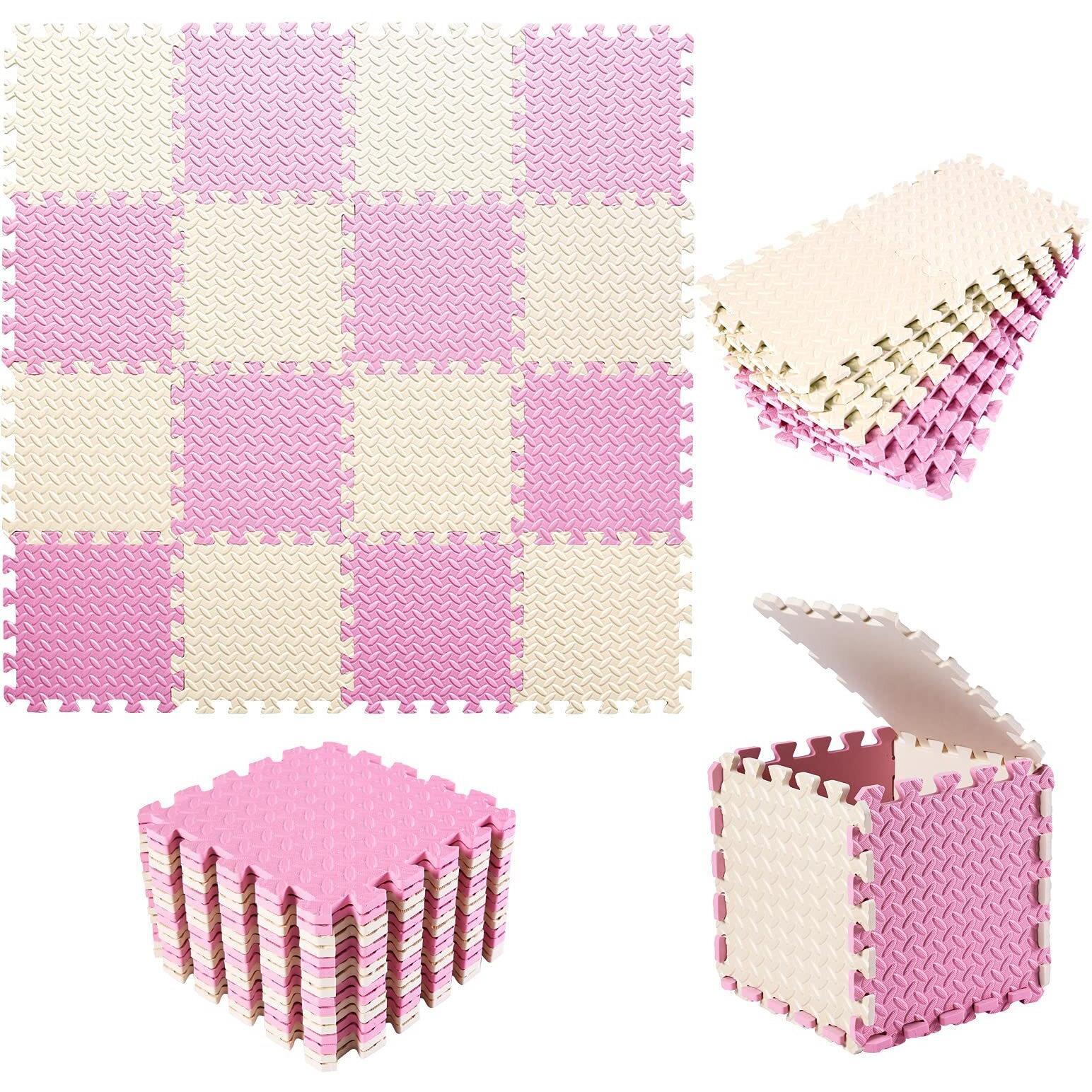 Tamiplay 16 Tiles, 0.4 Inch Thicked Interlocking Floor Mats With Solid Colors, Squares Baby Play Mat, Eva Foam Puzzle Floor Mat Foam Mats For Kids, Baby, Toddlers (Beige/Pink)