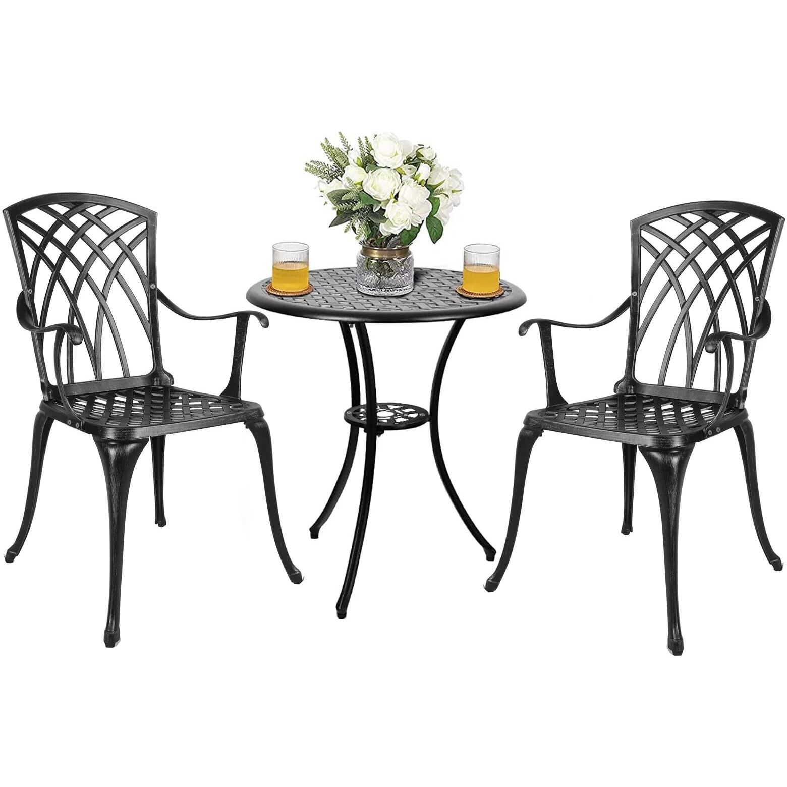 Polar Aurora 3 Piece Patio Bistro Set Cast Aluminum Bistro Table Set Outdoor Round Dining Table With Umbrella Hole For Porch, Lawn, Garden, Backyard, Pool,Black