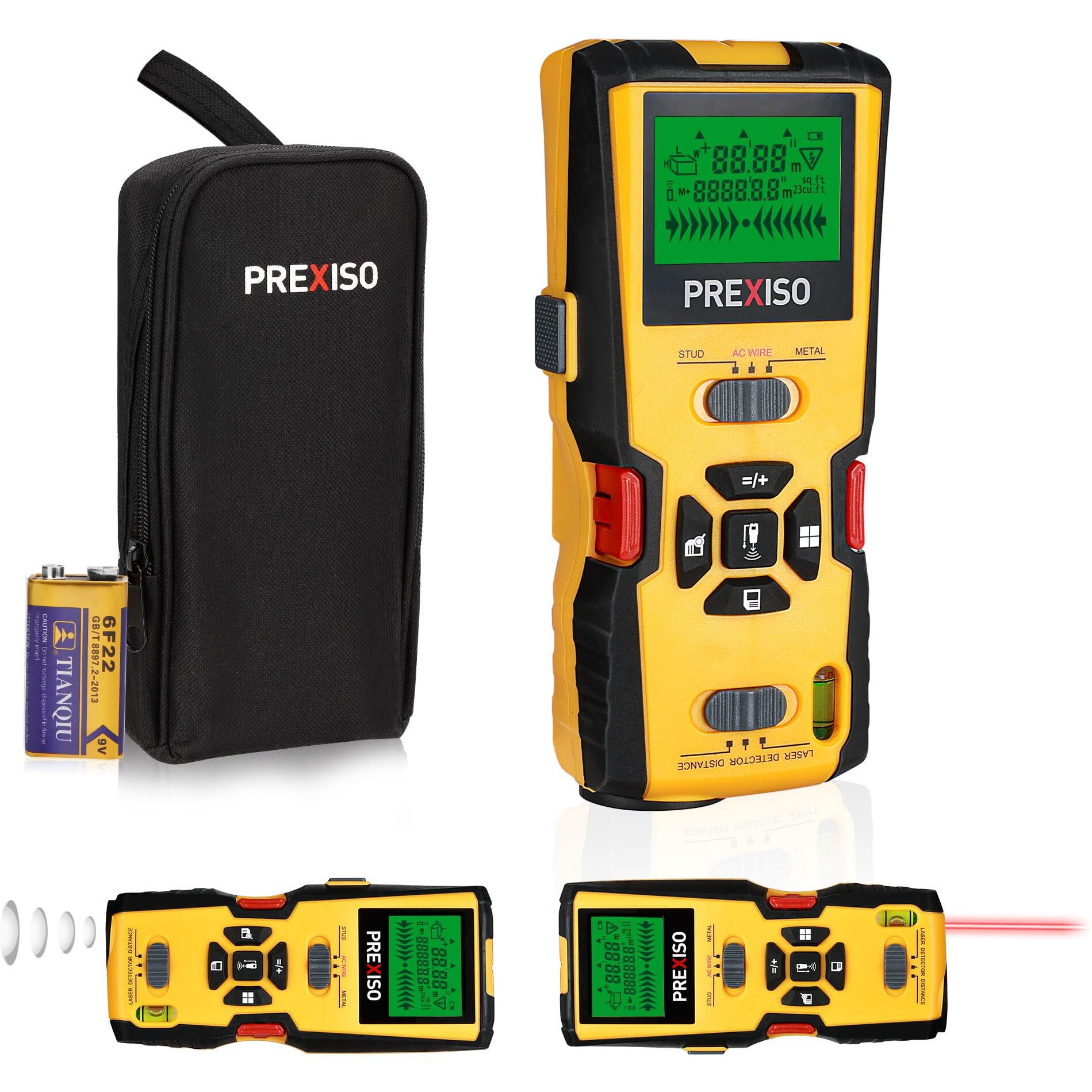 Prexiso 5-In-1 Stud Finder With Laser Level Marking & Ultrasound Distance Measure - Area, Volume, Addition  Wood, Ac Wire Detector - Wall Scanner Beam Finders For Metal Studs Magnet Joist Pipe