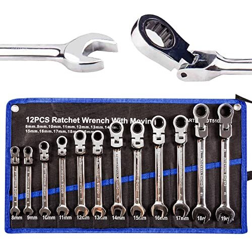 Tr Toolrock 12Pcs Flex Head Ratcheting Wrench Set- 8-19Mm Metric Ratchet Combination Wrenches Crv Gear Spanner Set
