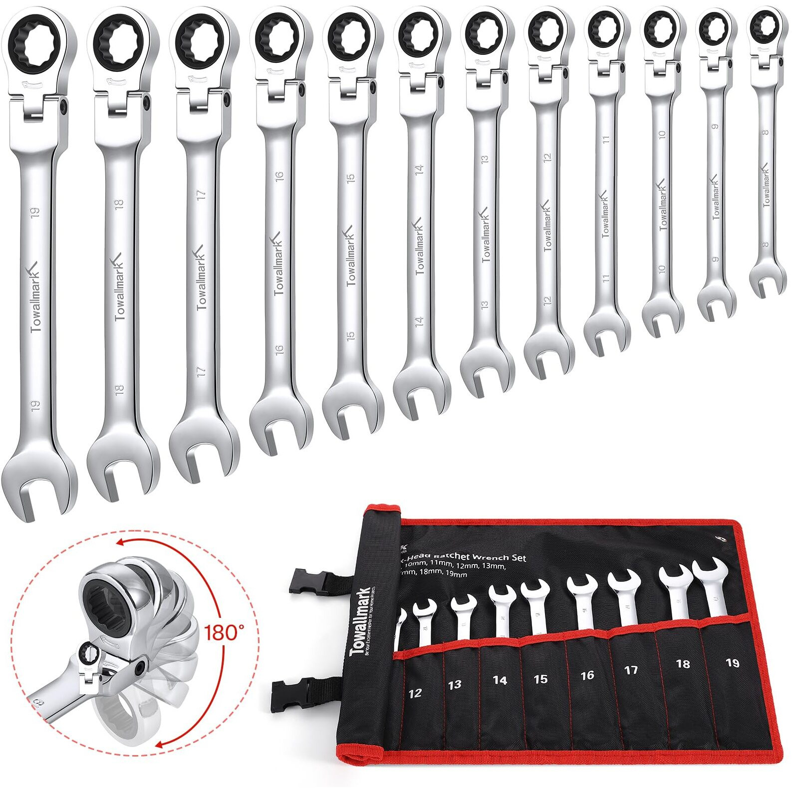 Towallmark 12-Piece Flex-Head Wrench Set, Ratcheting Combination Set, Metric 8-19Mm, 72-Teeth,Cr-V Steel Ratchet Wrenches Set With Storage Bag For Home/Car/BikeTc.