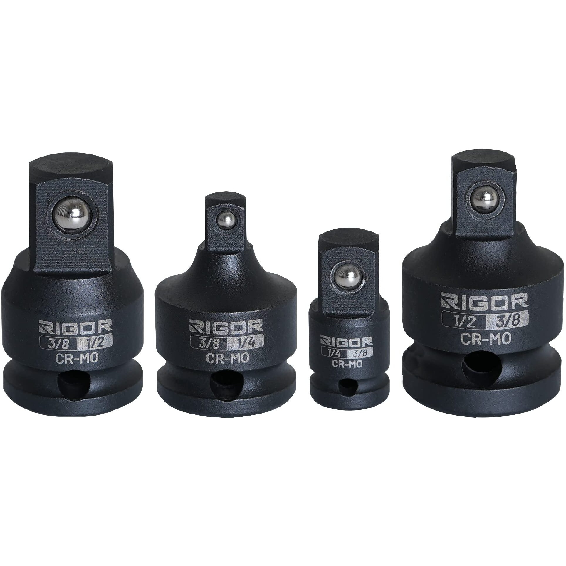Rigor 11731 Impact Socket Adapter And Reducer Set  1/4""-3/8""-1/2"" Impact Driver Conversions, 4 Piece Set, 2 Adapters, 2 Reducers  Chrome Molybdenum Alloy Steel (Cr-Mo)  Quick-Fit For Hog Ring Anvil