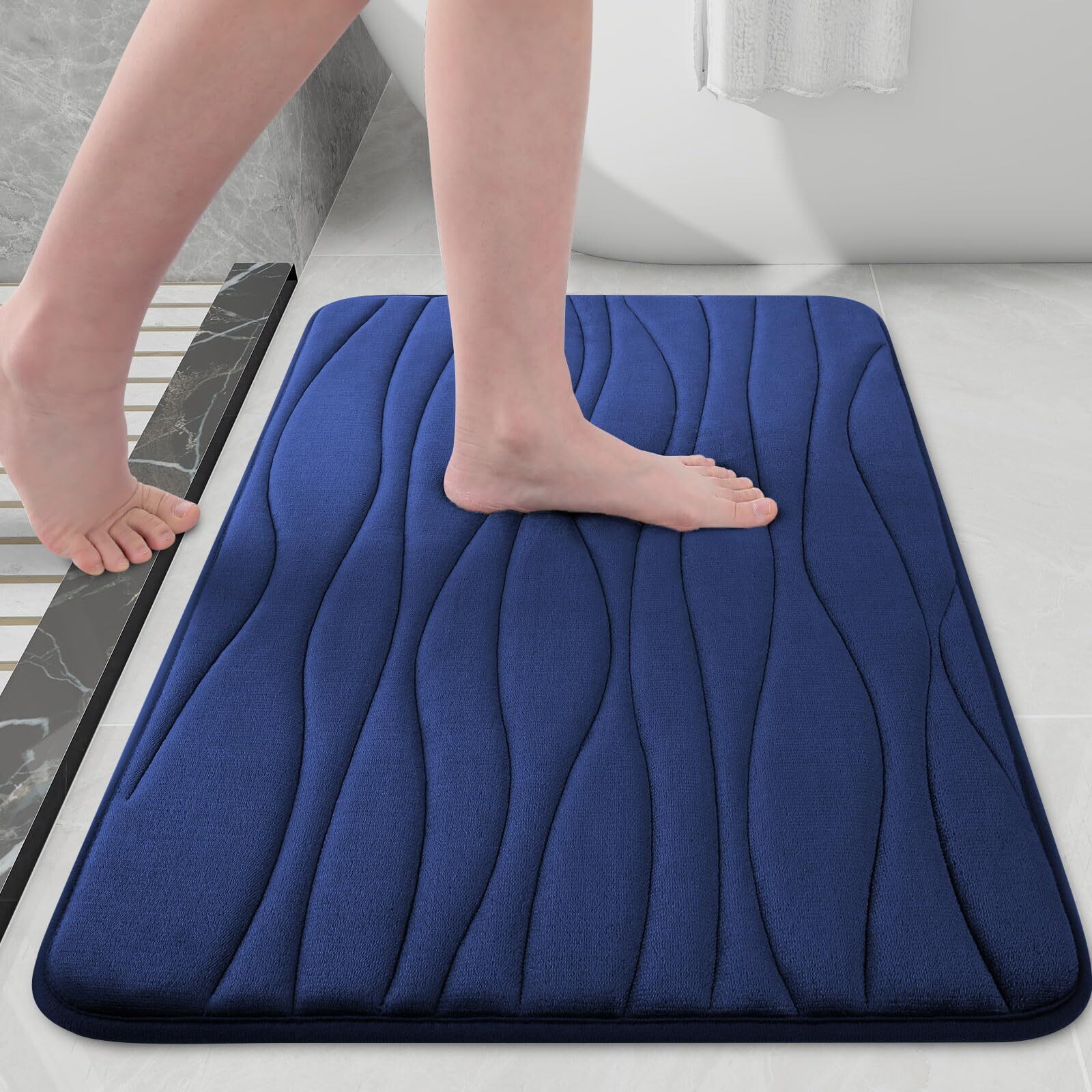 Buganda Memory Foam Bathroom Rug Mat 24X16, Extra Soft And Absorbent Bath Mats, Non-Slip And Machine Washable Bath Rugs For Bathroom Floor,Tub And Shower, Navy