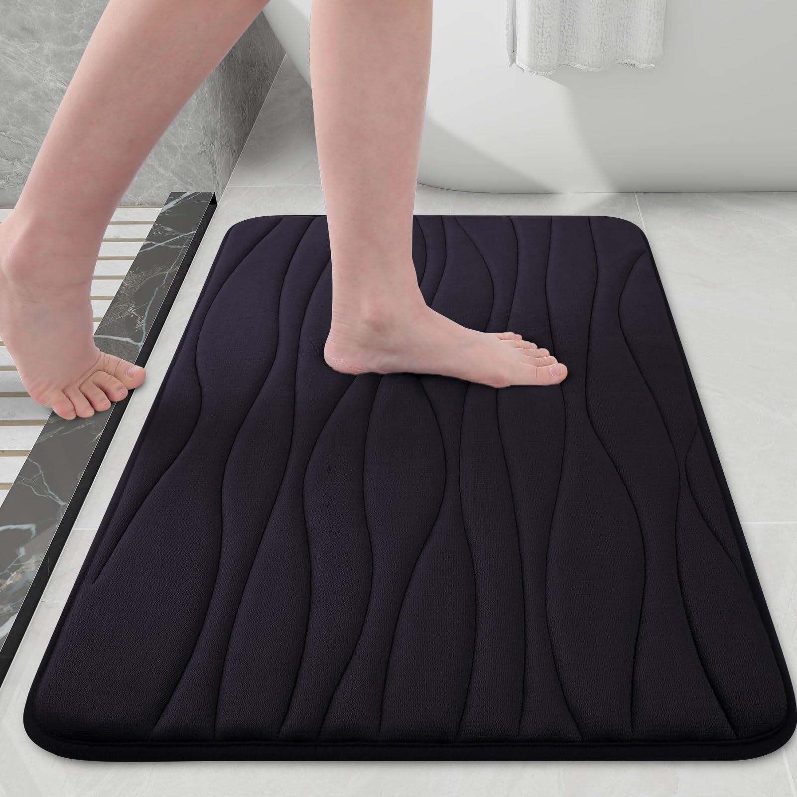 Buganda Memory Foam Bathroom Rug Mat 24X16, Extra Soft And Absorbent Bath Mats, Non-Slip And Machine Washable Bath Rugs For Bathroom Floor,Tub And Shower, Black