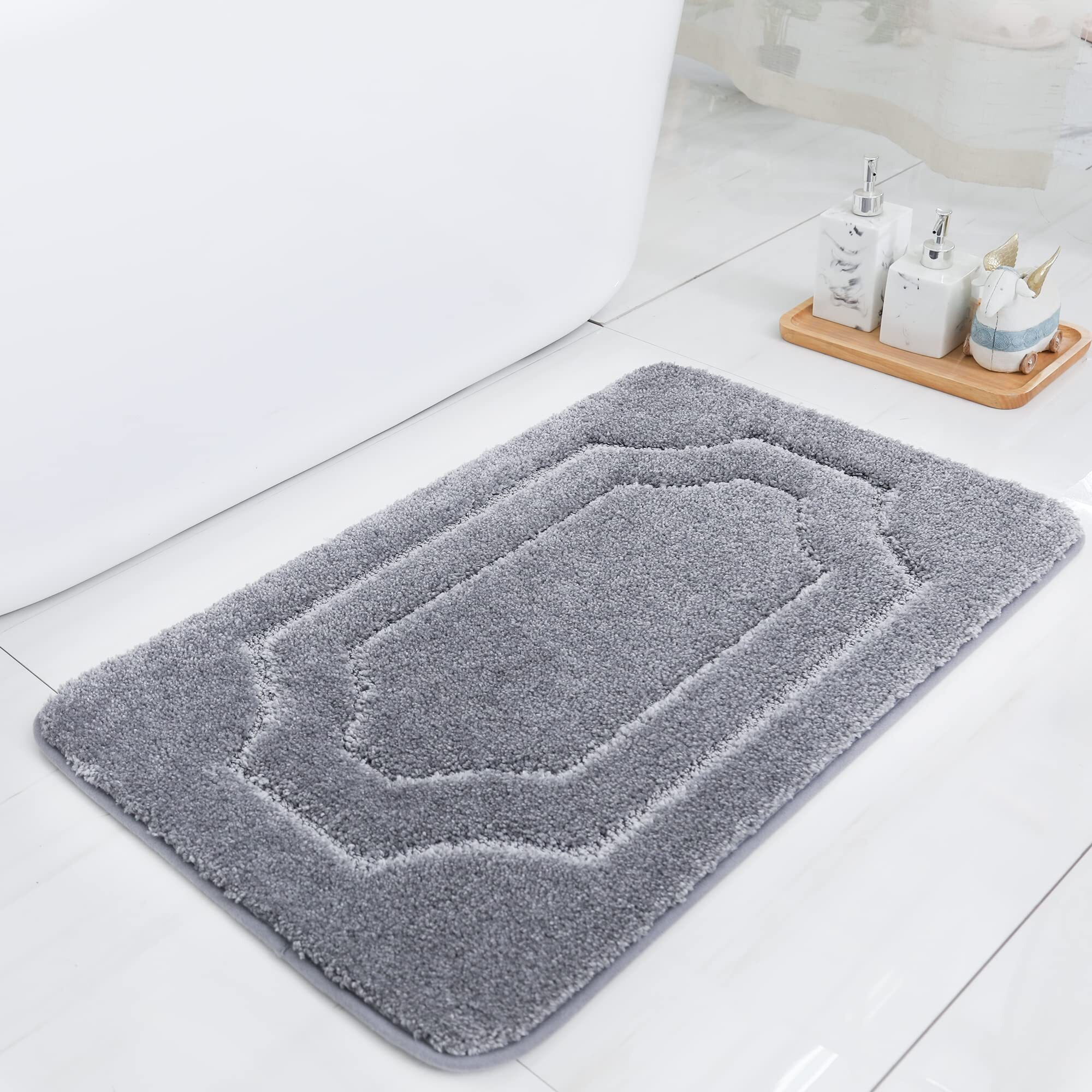 Beqhause-Bathroom-Rugs-Soft& Absorbent-Non-Slip-Bath Mats For Bathroom Polyester Bath Mat Machine Washable Bathroom Carpet Grey Thick Shower Mat For Bathroom, Bathtub And Sink 16"&quotX24""