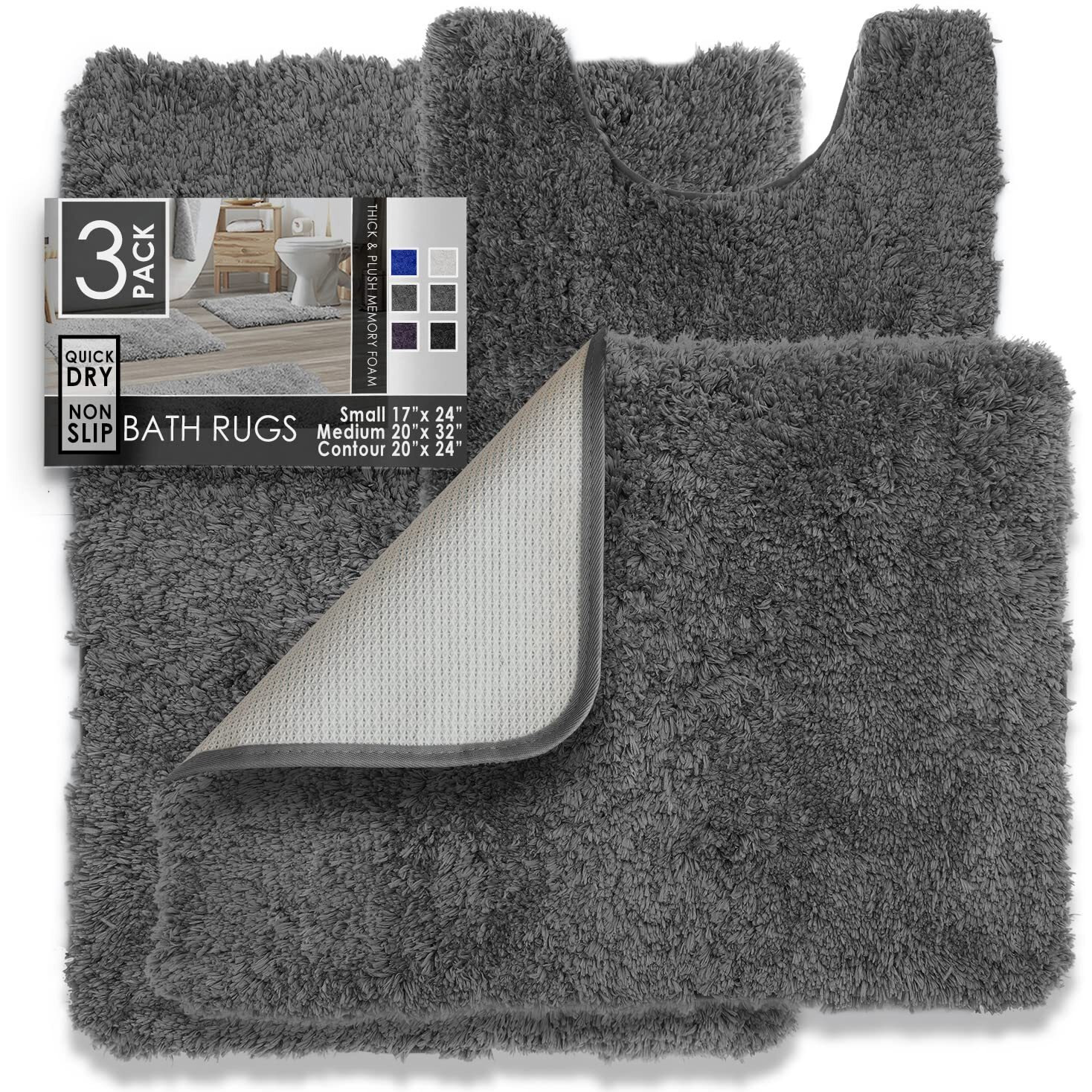 Clara Clark Bathroom Rugs, Ultra Soft Shaggy Bath Rugs - Bath Mats For Bathroom, Machine Wash, Non Slip Backing Rubber, 3 Piece Bathroom Rug Set, Gray