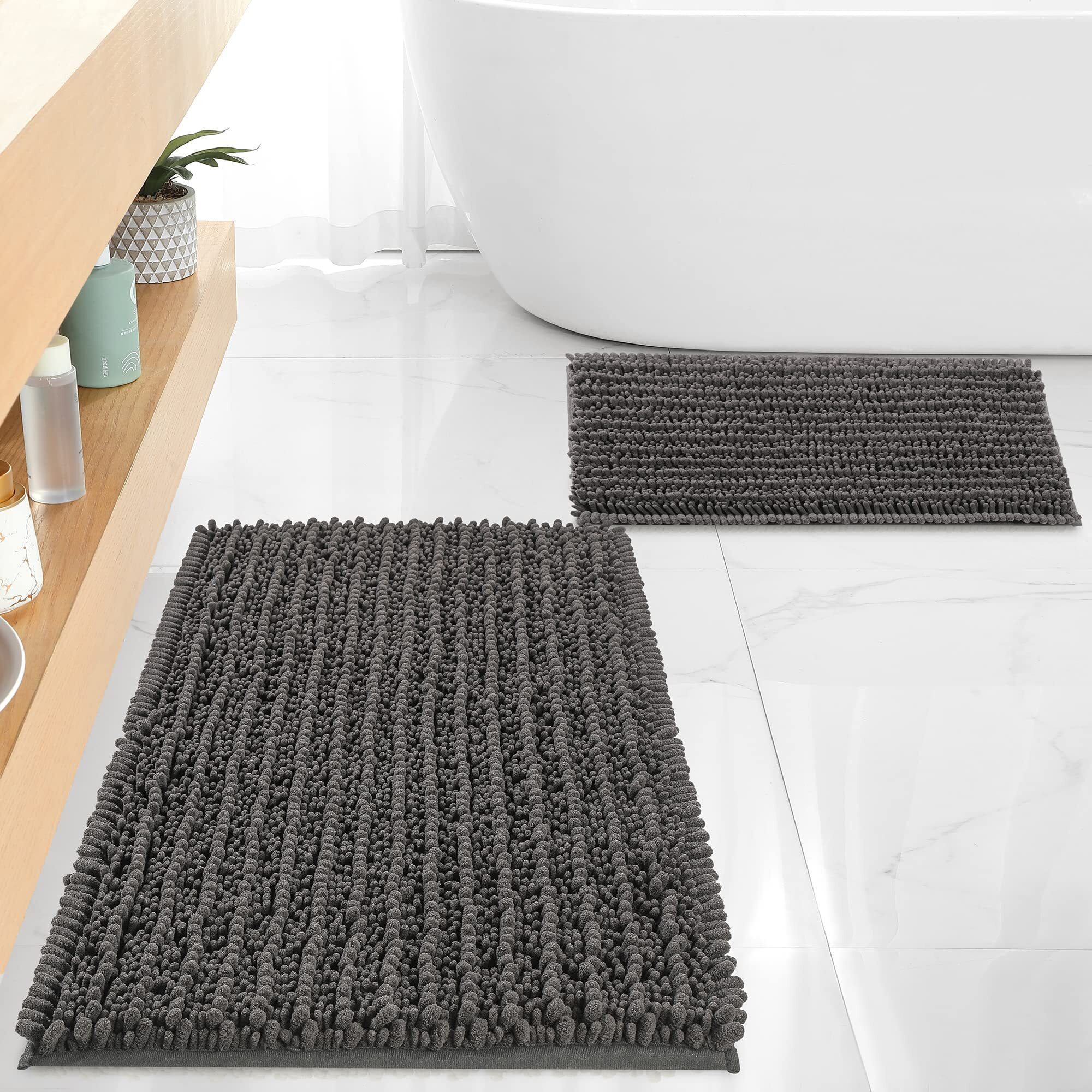 Floleopa Luxury Chenille Charcoal Grey Bathroom Rugs Bath Mats Sets, Extra Soft And Absorbent Bathroom Rugs Non Skid Machine Wash Dry Bath Mats(32"&quotX20"" Plus 17"&quotX24"")