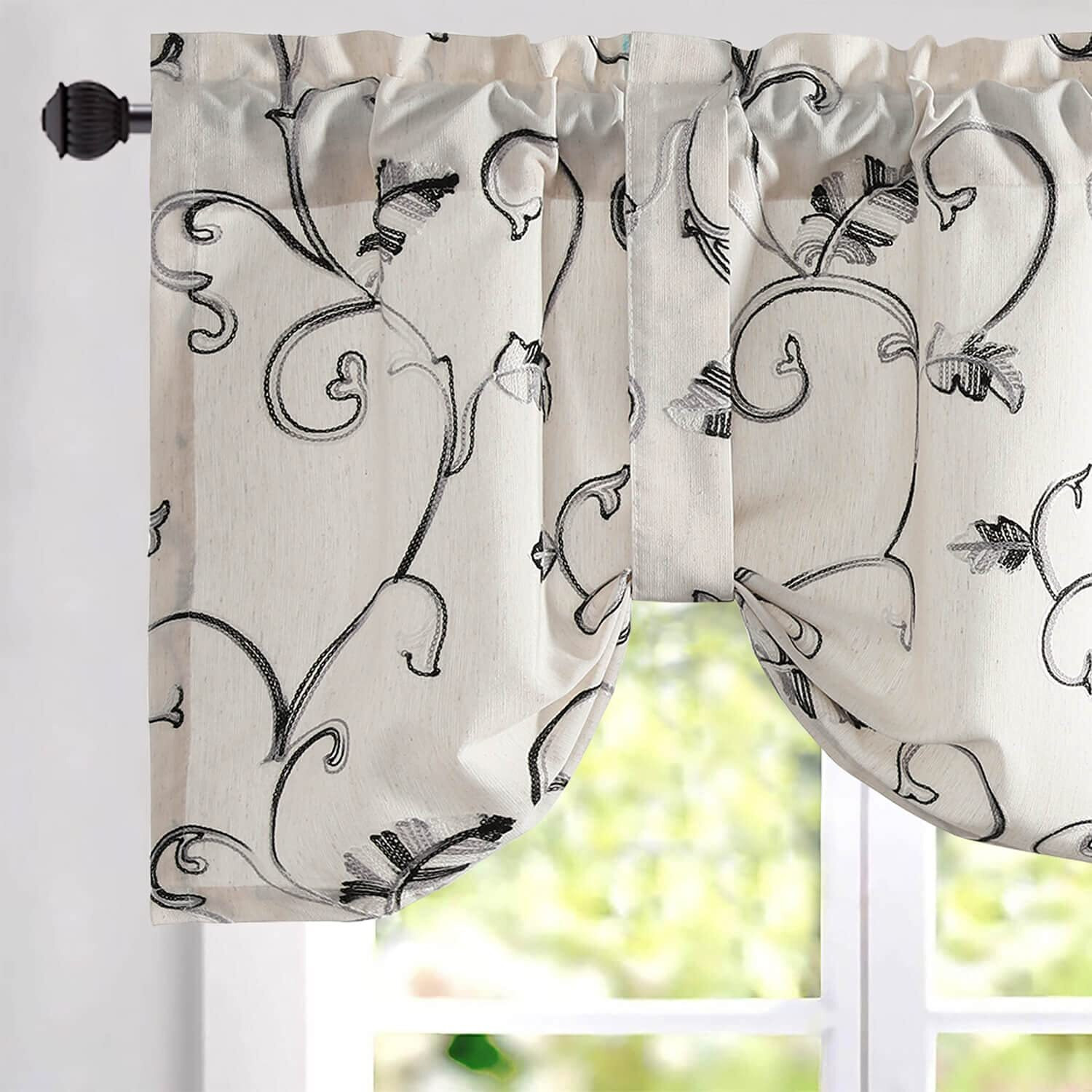 Vogol Tie-Up Valance For Kitchen Windows Curtains, Embroidery Adjustable Balloon Shades Rod Pocket For Cafe, 52 X 18 Inches, One Piece