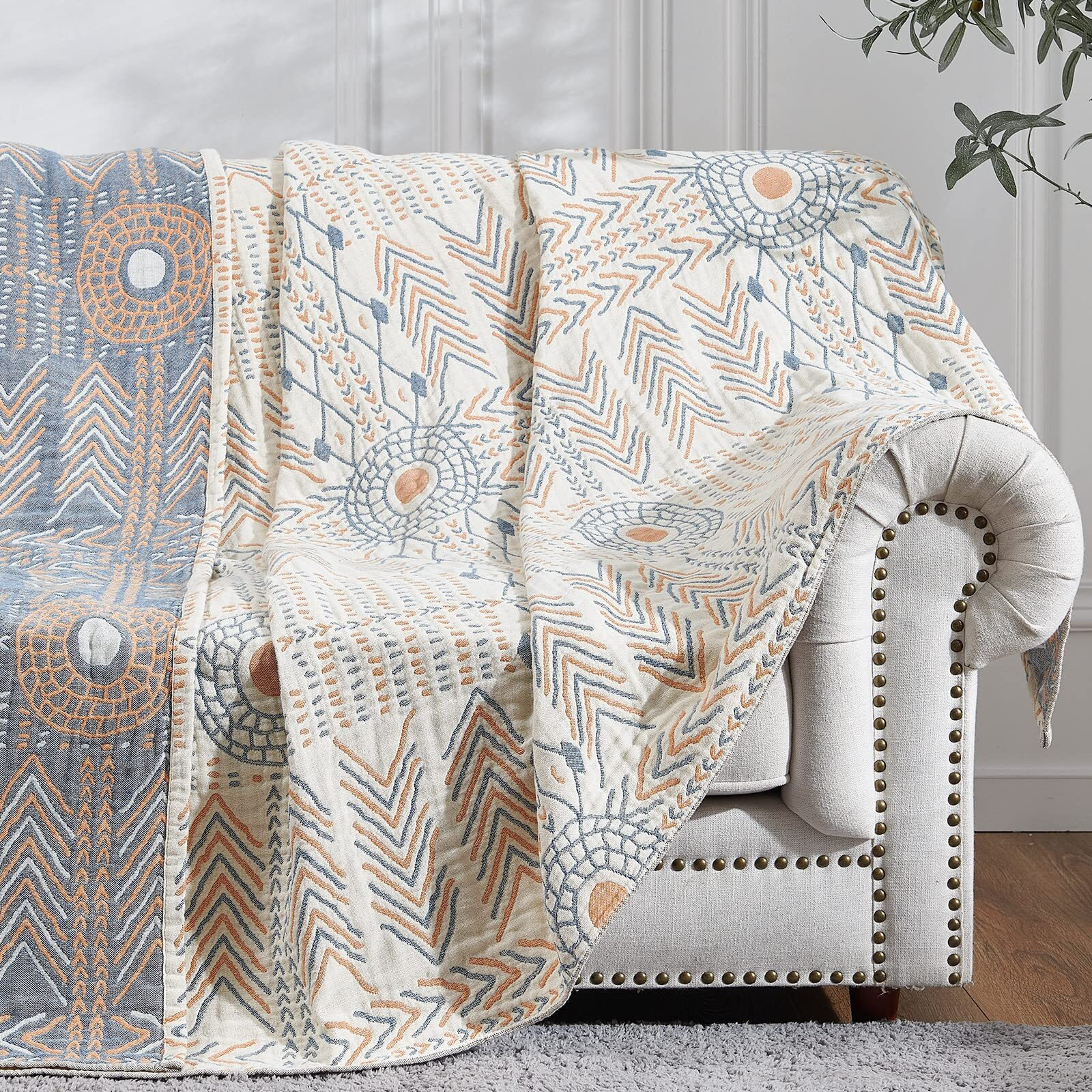 Jinchan Boho 100% Cotton Blanket Fall Muslin Lightweight Twin Size 4-Layer Throw Blanket For Couch Soft Cozy All Season Blanket Throw Cotton Coverlet For Bedroom Living Room Decor Green 60"&quotX80""