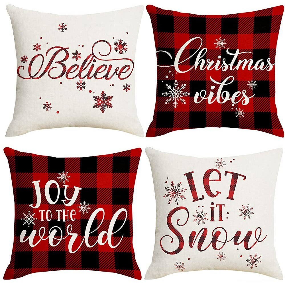 Artmag 16X16 Christmas Pillow Covers, Decorative Farmhouse Christmas Vibes Believe Buffalo Plaid Let It Snow Christmas Outdoor Pillow Shams Cases Slipcovers Set Of 4 For Couch Sofa