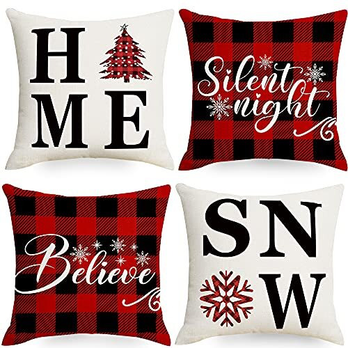 Artmag 20X20 Christmas Snow Home Throw Pillow Covers,Decorative Farmhouse Outdoor Believe Silent Night Xmas Christmas Pillow Shams Cases Slipcovers Set Of 4 For Couch Sofa