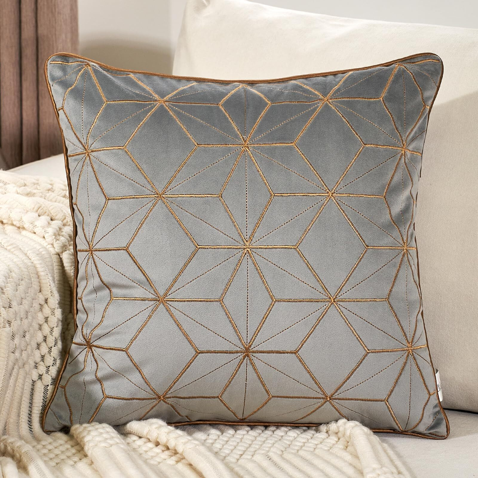 Aeckself Grey Gold Plaid Geometric Throw Pillow Cover 20X20 Inch, Soft Velvet Embroidery Cushion Case Luxury Modern Square Decorative Pillow With Stitched Edge For Couch Living Room Bedroom