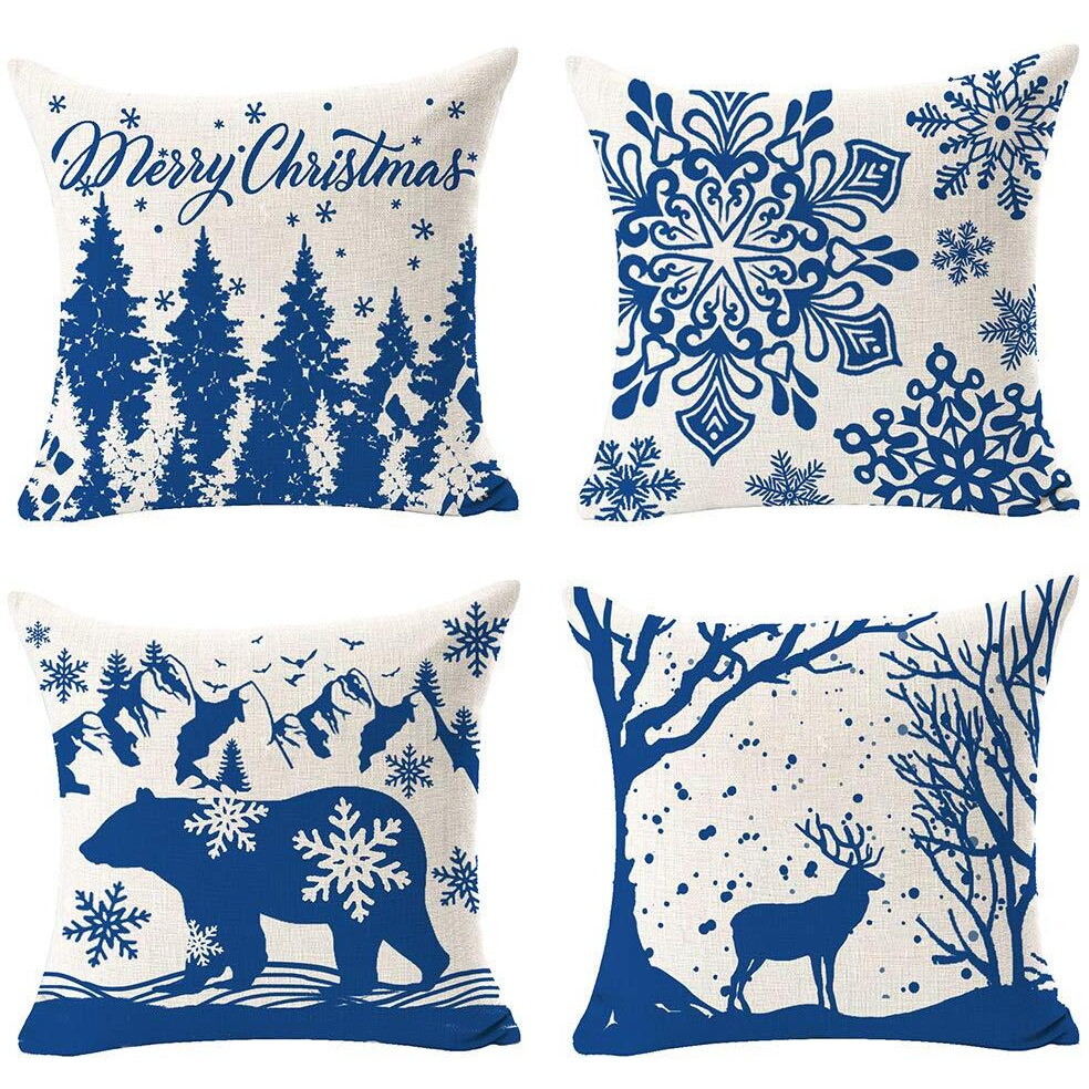 Andreannie Set Of 4 Merry Christmas Snowflake Christmas Tree Bear Cotton Linen Decorative Throw Pillow Cover Cushion Case For Home Sofa Square 18 Inches (Blue)