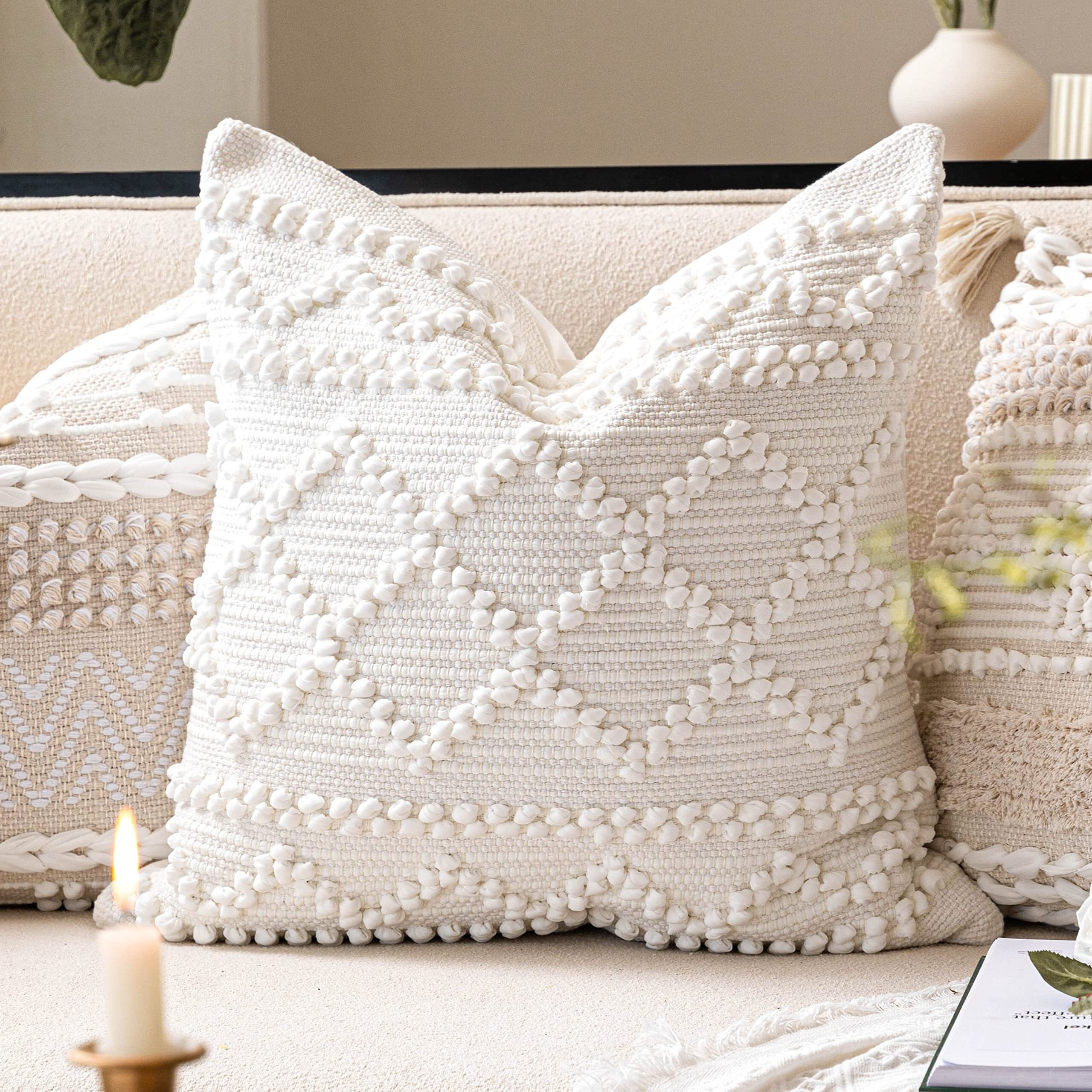 Blissblush Off White Decorative Throw Pillow Cover 22X22, Large Boho Accent Pillow For Couch, Square Woven Textured Pillowcase, Modern Boho Pillow For Bed, Bohemian Pillow Cover (Pack Of 1)
