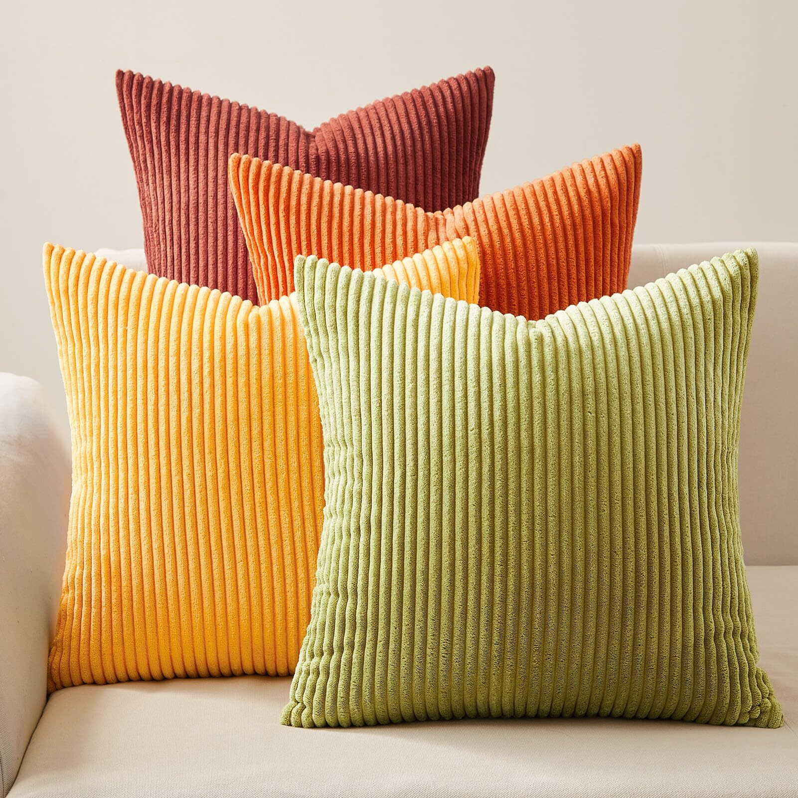Topfinel Fall 20X20 Set Of 4 Couch Decorative Pillow Covers,Modern Burnt Orange Yellow Green Gradient Corduroy Throws Pillow Case,Rustic Western Cushion Covers For Bed Sofa Living Room Home Decor