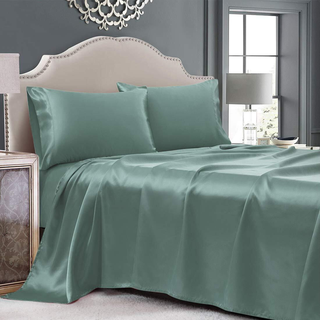 Cobedzy 4 Piece Luxury Queen Sheet Set, Soft Silky Bed Sheets Queen Set, Sage Satin Sheet Set With 1 Deep Pocket Fitted Sheet 1 Flat Sheet 2 Satin Pillowcases