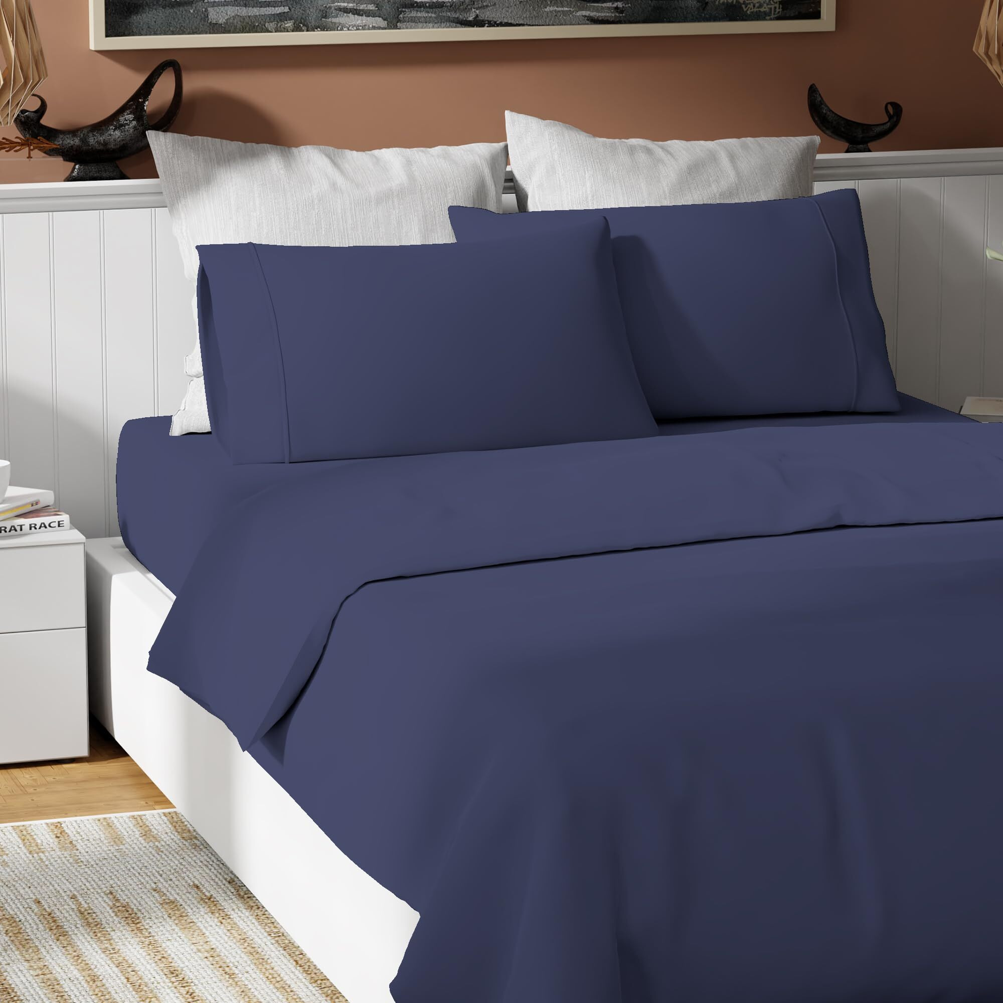 Color Sense 100% Cotton Navy Twin Sheet Set, Percale Weave Navy Bed Sheets, Twin Size Dorm Sheets Set, Cool & Crisp, 3 Piece Twin Sheet Set Deep Pocket, Thanksgiving, Christmas, Fall Bedding Set