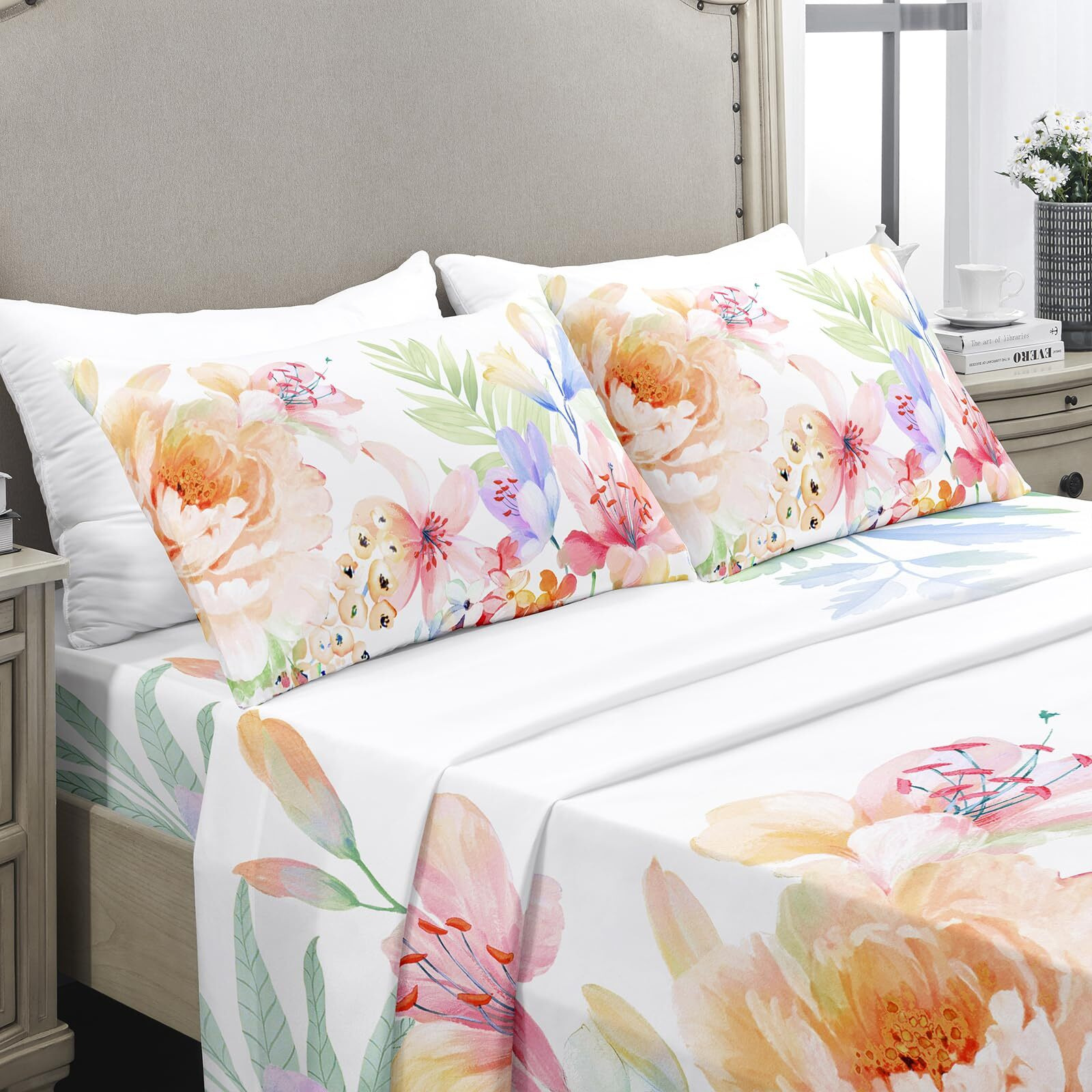 Yiyea Full Size Sheets - Floral Print - Luxury Brushed Microfiber Bed Sheets - Lightweight Breathable Cooling Full Sheet Set - 16"" Deep Pocket, Shrinkage, And Fade Resistant - 4 Pc