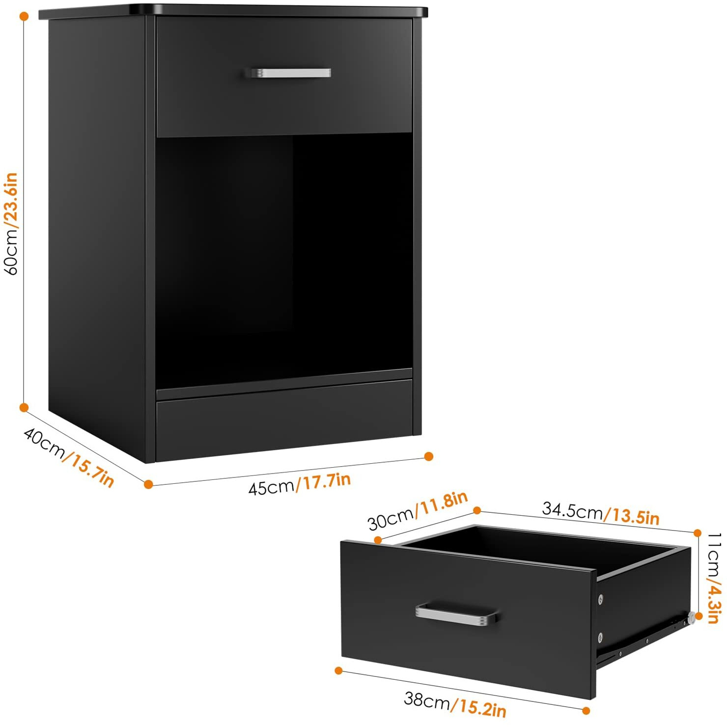 Fotosok Nightstand, Set Of 2, 2-Tier Side Table With Drawer And Storage Shelf, Bedside Table End Table, Modern Night Stand For Bedroom, Home Office,Black