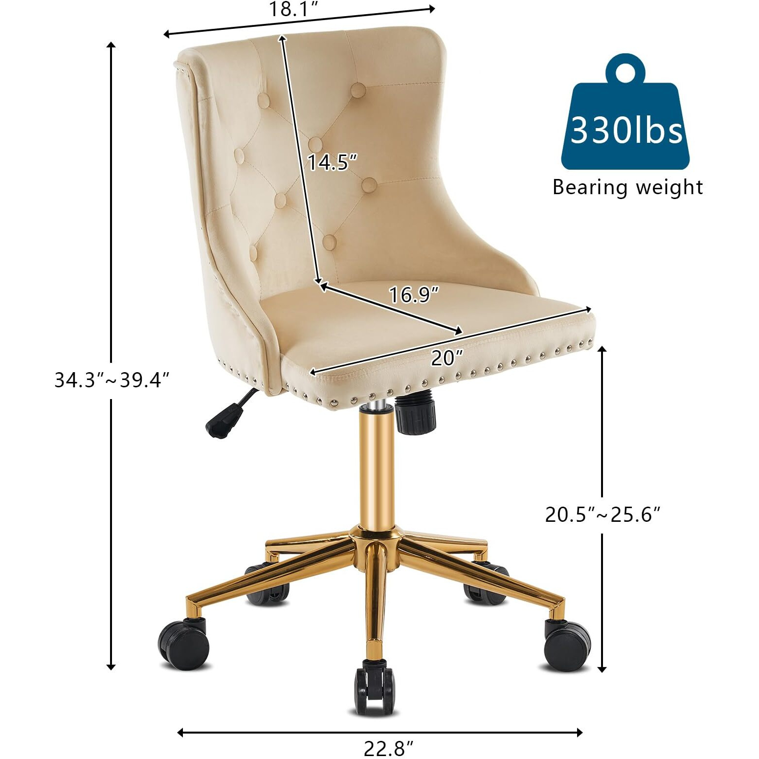 Vingli Beige Velvet Armless Home Office Desk Chair With Gold Base/Wheels, Small Cute Vanity/Makeup Chair With Back For Bedroom, Upholstered Adjustable Rolling Swivel Nail Chair For Women/Girls