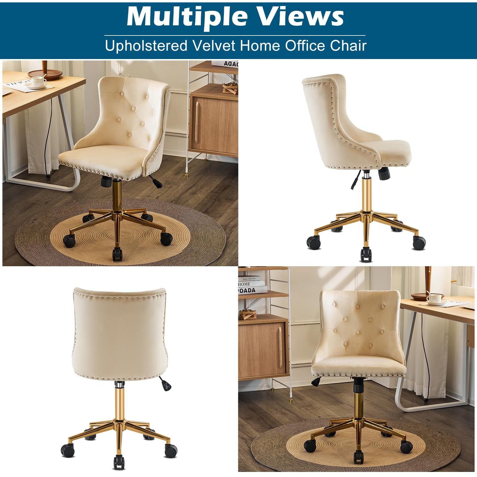 Vingli Beige Velvet Armless Home Office Desk Chair With Gold Base/Wheels, Small Cute Vanity/Makeup Chair With Back For Bedroom, Upholstered Adjustable Rolling Swivel Nail Chair For Women/Girls