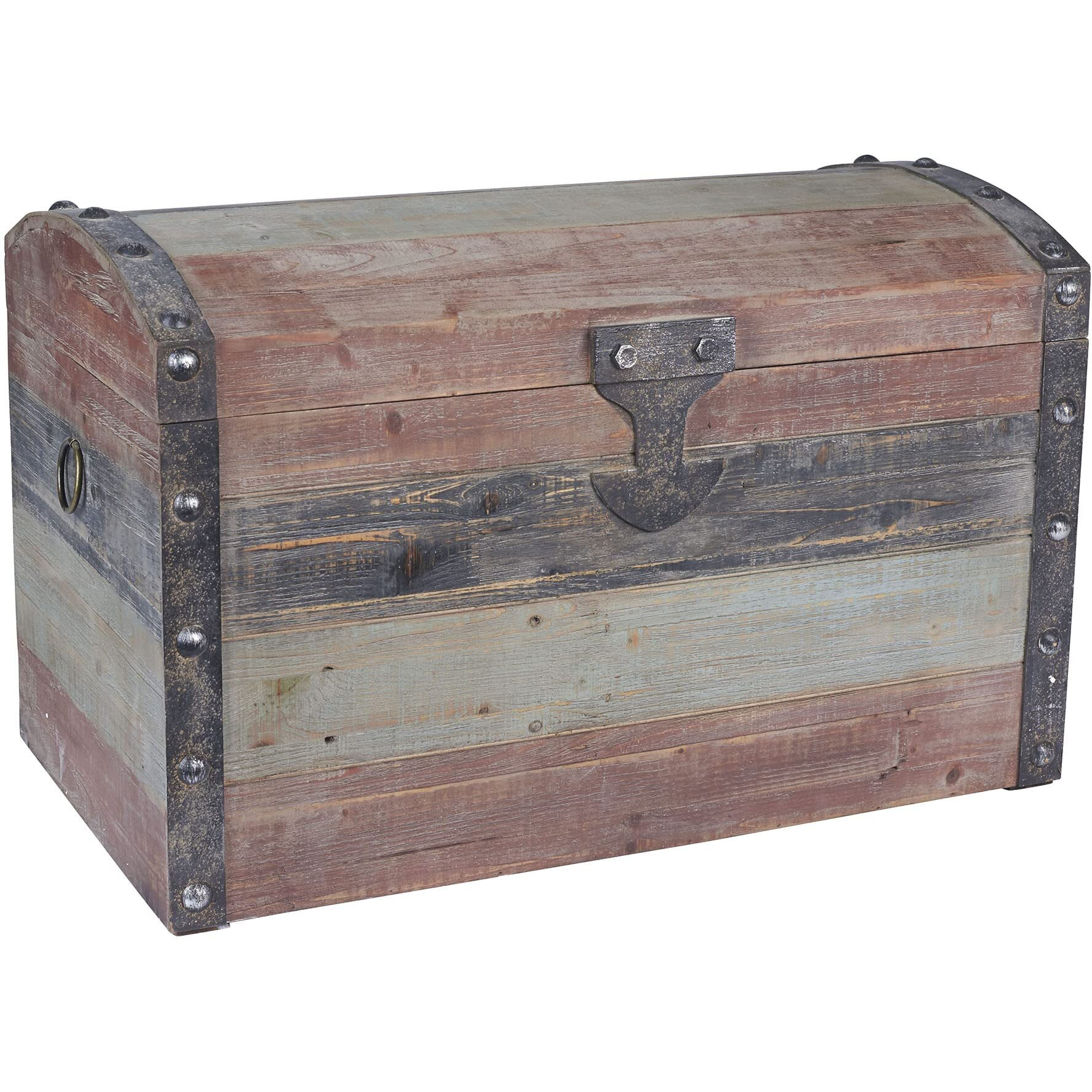 Household Essentials Large Wooden Storage Trunk, Weathered Wood With Paint Finish, Hinged Lid With Metal Accents