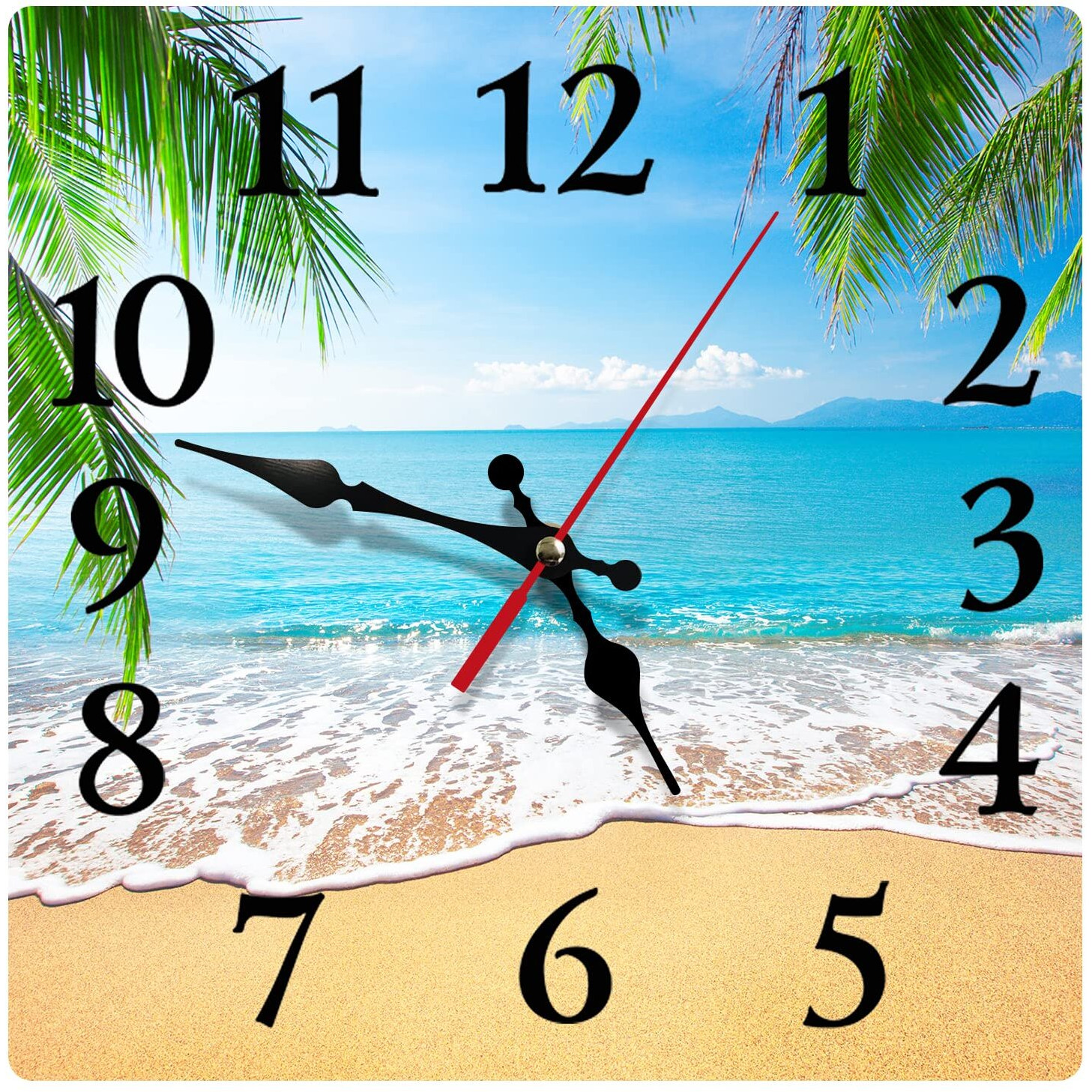 Wall Clock, Square Silent Non Ticking Clock 12 Inch, Palm Tropical Beach Summer Tree, Home Decor For Living Room, Bathroom, Bedroom, Kitchen, Office Or School