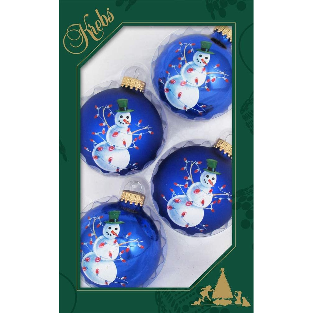 Glass Christmas Tree Ornaments - 67Mm/2.63"" [4 Pieces] Decorated Balls From Christmas By Krebs Seamless Hanging Holiday Decor (Victoria Blue And Royal Velvet With Snowman)
