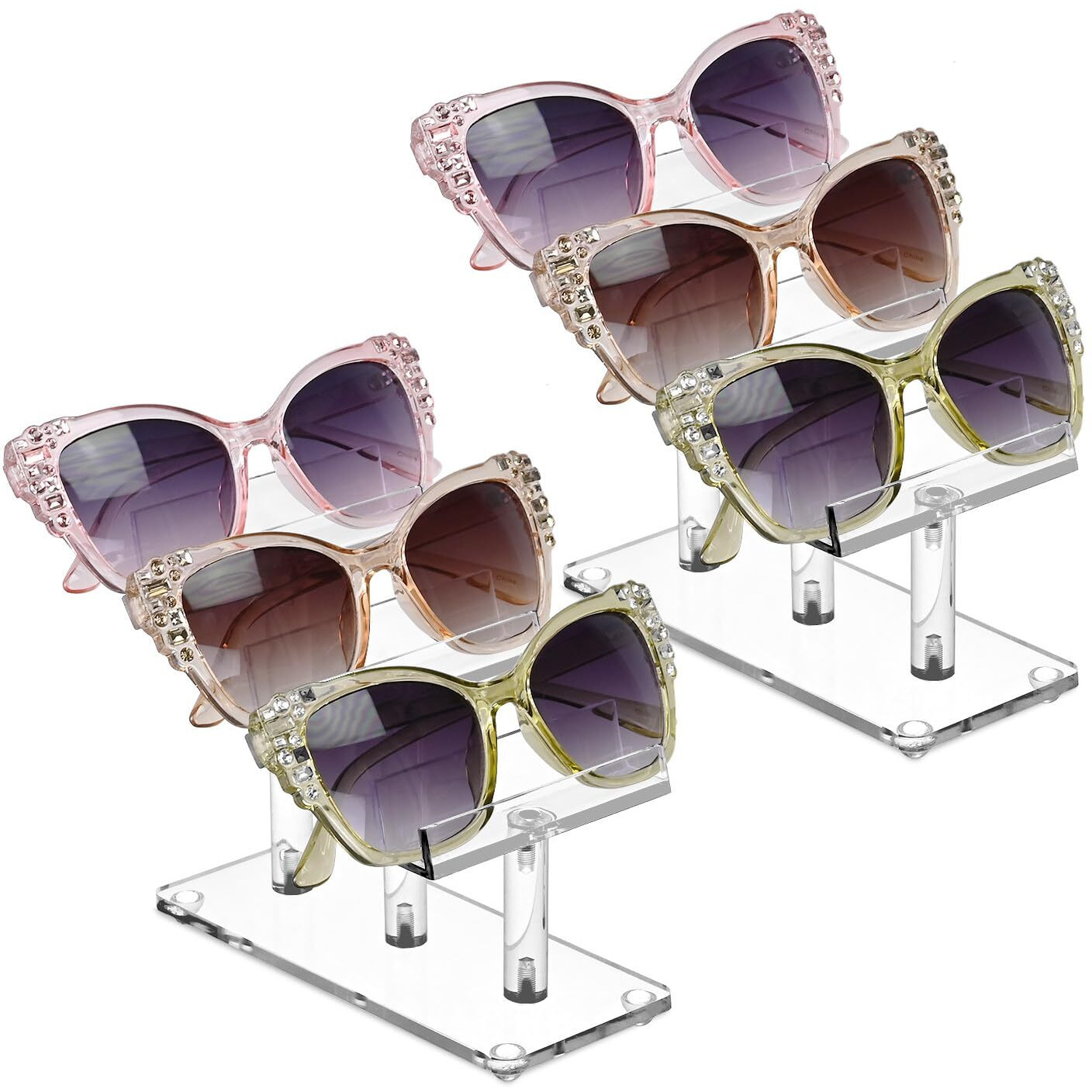 Mooca 2 Pcs Set, 3 Tier Acrylic Eyewear Display Stand, Sunglasses Rack Holder, Sunglasses Stand, Eyewear Organizer For Eyeglasses And Sunglasses, 5 In H