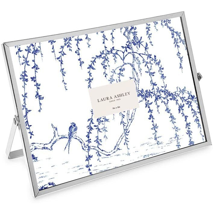 Laura Ashley 5X7 Silver Flat Metal Picture Frame (Horizontal) With Pull-Out Easel Stand, Made For Tabletop, Counterspace, Shelf And Desk (7X5, Silver)