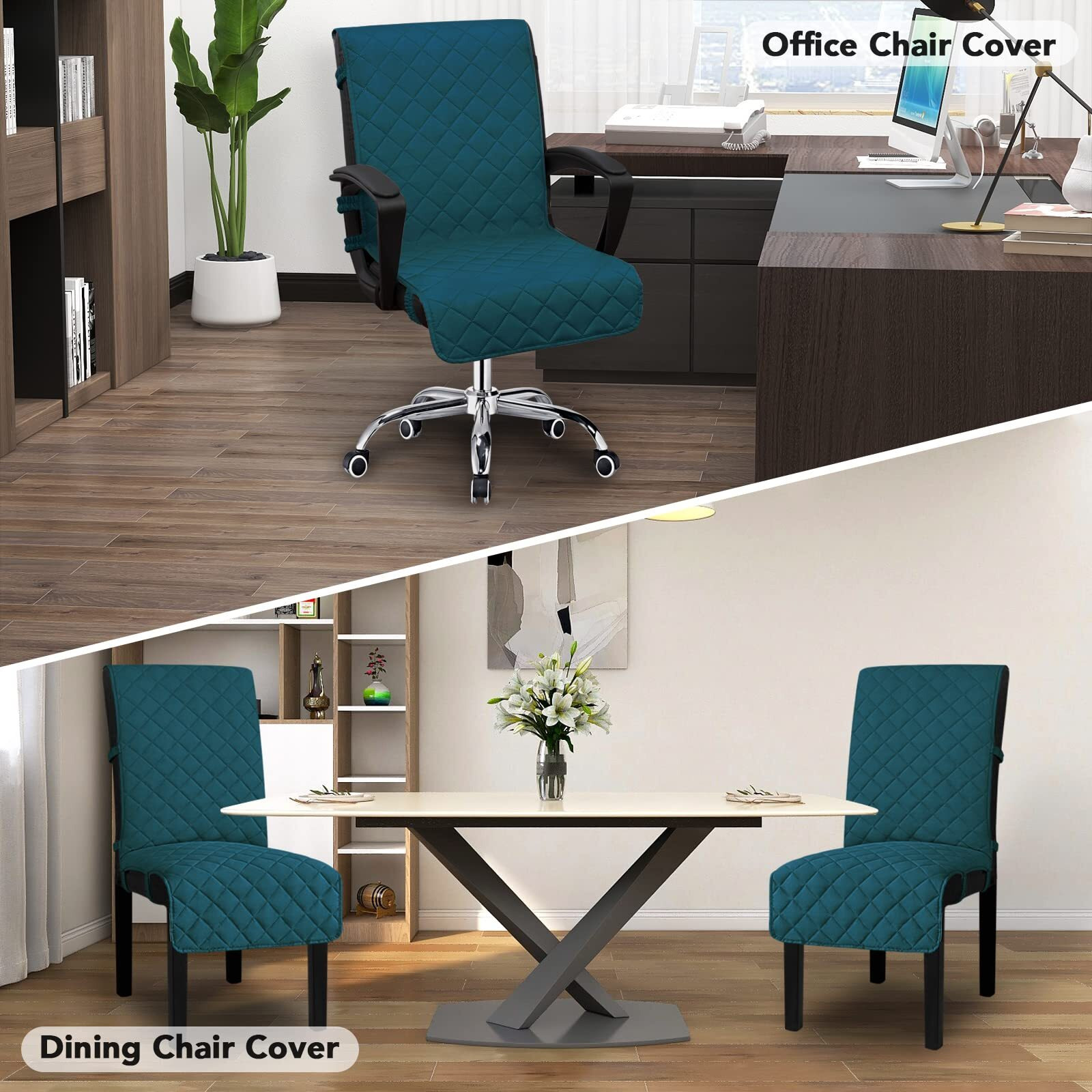 Easy-Going Reversible Office Chair Cover Water Resistant Dining Chair Cover Soft Desk Computer Chair Slipcover With Anti-Slip Buckle For Armchair Or Armless Chair (Medium, Peacock Blue/Beige)