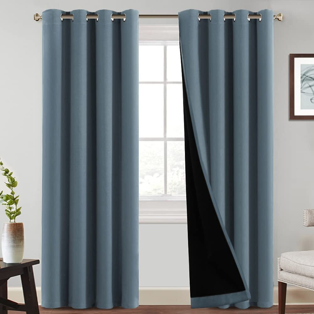 Princedeco 100% Blackout Curtains Full Light Blocking Drapes With Black Liner Thermal Noise Reduction And Privacy Curtains For Patio Door Blackout Drapes With Grommet Top,Stone Blue, 1 Pair, W52 X L84