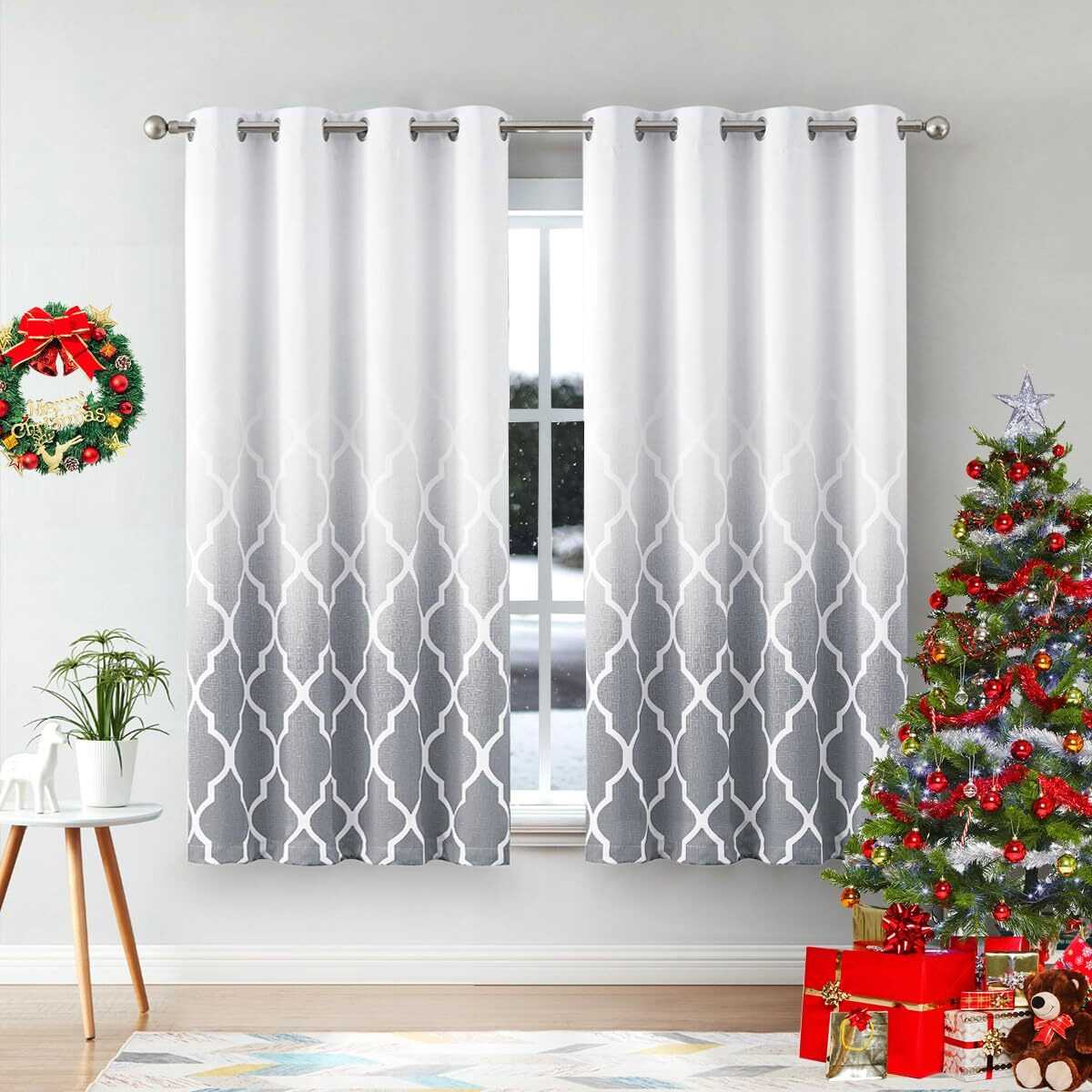 Metro Parlor Grey White Ombre Full Blackout Curtains 54 Inch Length For Bedroom Living Room, Small Short Curtains, Geometric Patterned Window Treatments, Grommet Top Short Drapes 52"" W 2 Panel Sets