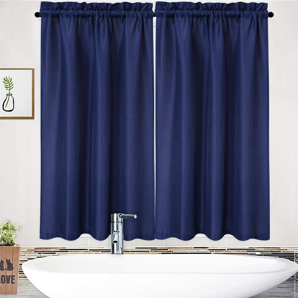 Nanan Tier Curtains,Waffle Weave Textured Tailored Short Curtains For Bathroom Waterproof Window Covering Kitchen Cafe Curtains - 30"" X 45"", Navy Blue, Set Of 2