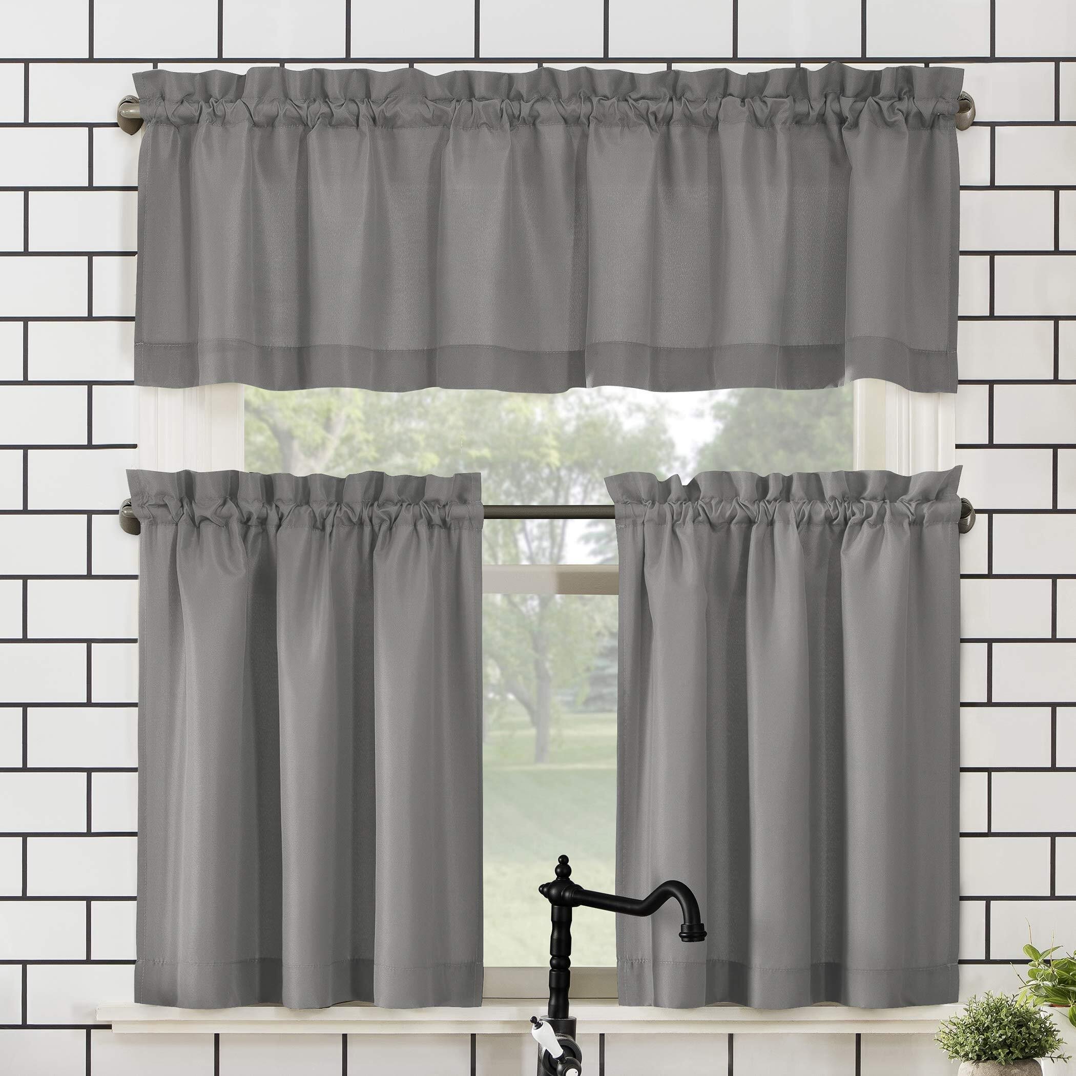 No. 918 Martine Microfiber Semi-Sheer Rod Pocket Kitchen Curtain Valance And Tiers Set, 54"" X 45"", Gray