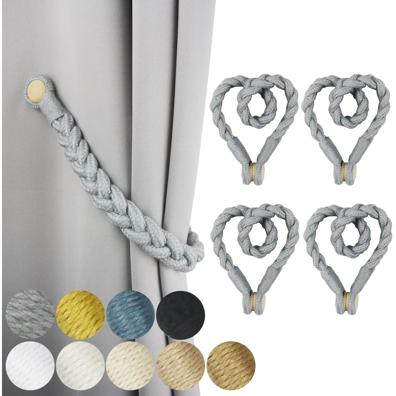 Porlau 4 Pack Grey Magnetic Soft Curtain Tiebacks Cotton Hand-Woven Tieback Holdback Home Decorative Tie Backs With Durable Wooden Buckle For Home Office Decor