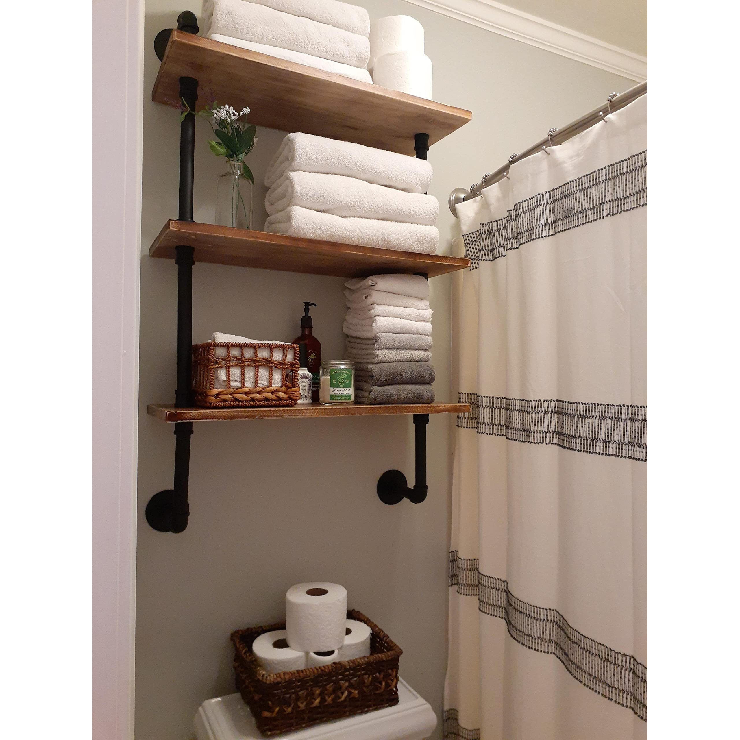 Rogmars Industrial Pipe Shelving Real Wood Floating Wall Shelves For Bathroom,Bathroom Shelves Wall Decor, Floating Bookshelves For Wall,Farmhouse Shelves For Wall Storage